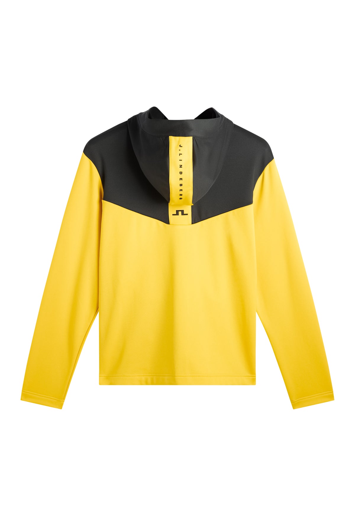Set bagfra: Gul Maclean Zip Hood med sort bærestykke, hætte og sort Bridge-logo på ryggen.