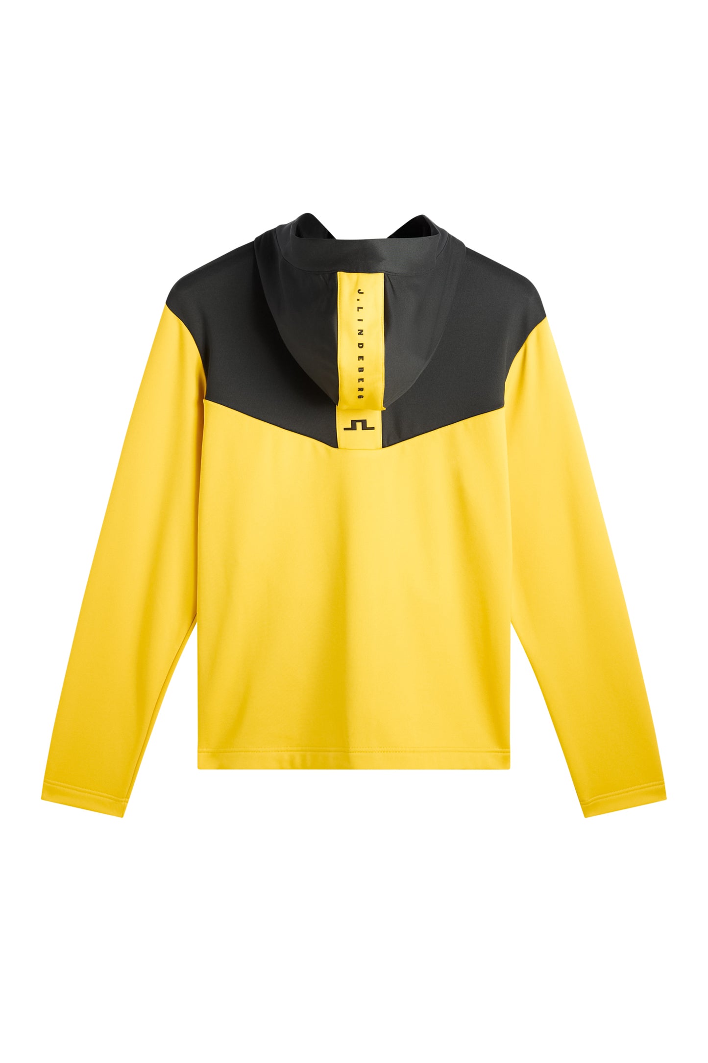 Set bagfra: Gul Maclean Zip Hood med sort bærestykke, hætte og sort Bridge-logo på ryggen.
