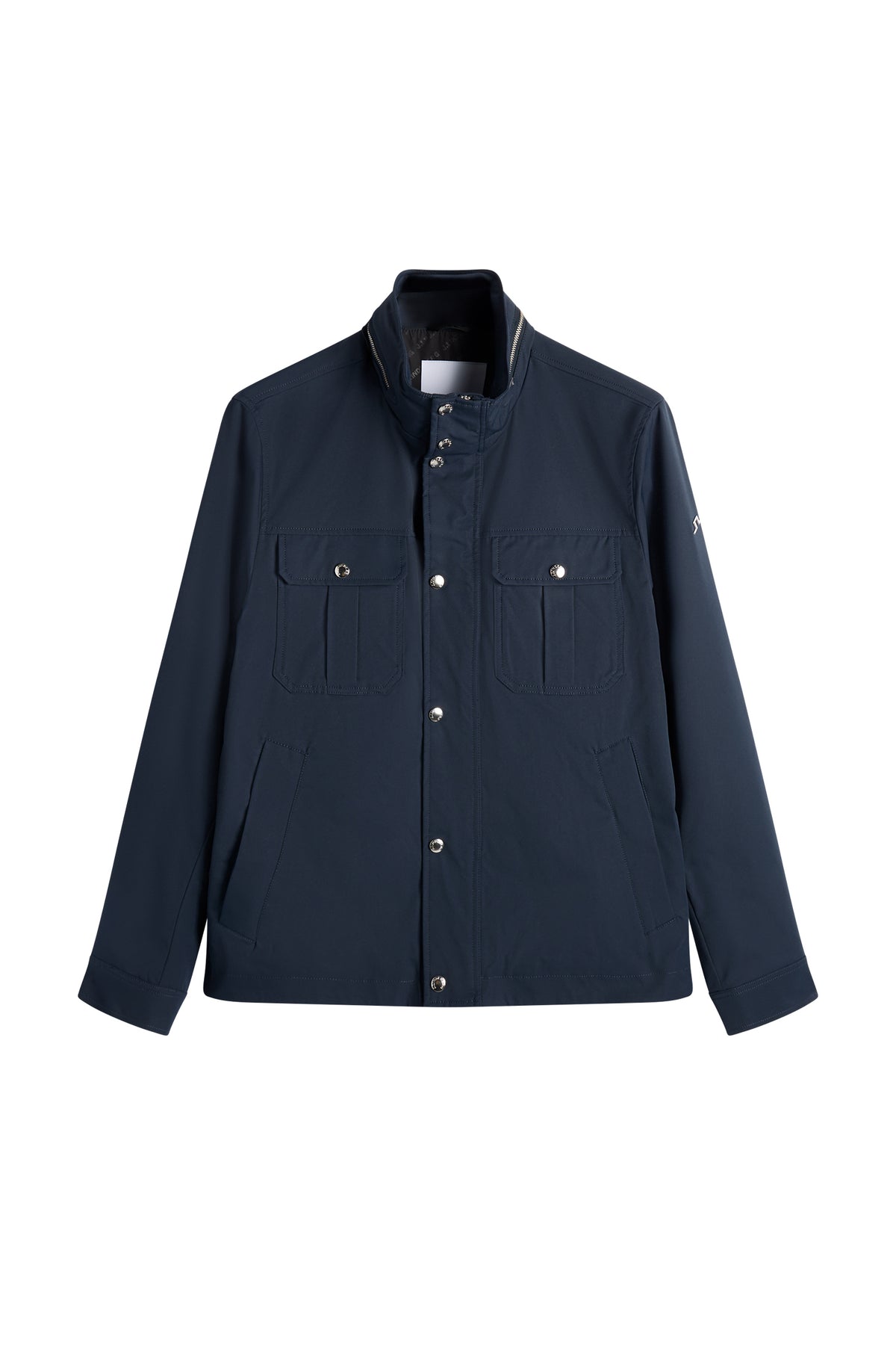 Bailey Recy Poly Jacket in JL Navy, front view with snap-button placket, chest pockets, and stand collar.