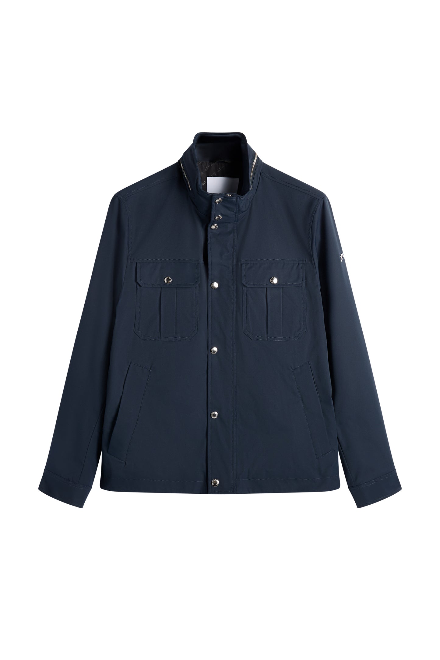 Bailey Recy Poly Jacket in JL Navy, front view with snap-button placket, chest pockets, and stand collar.