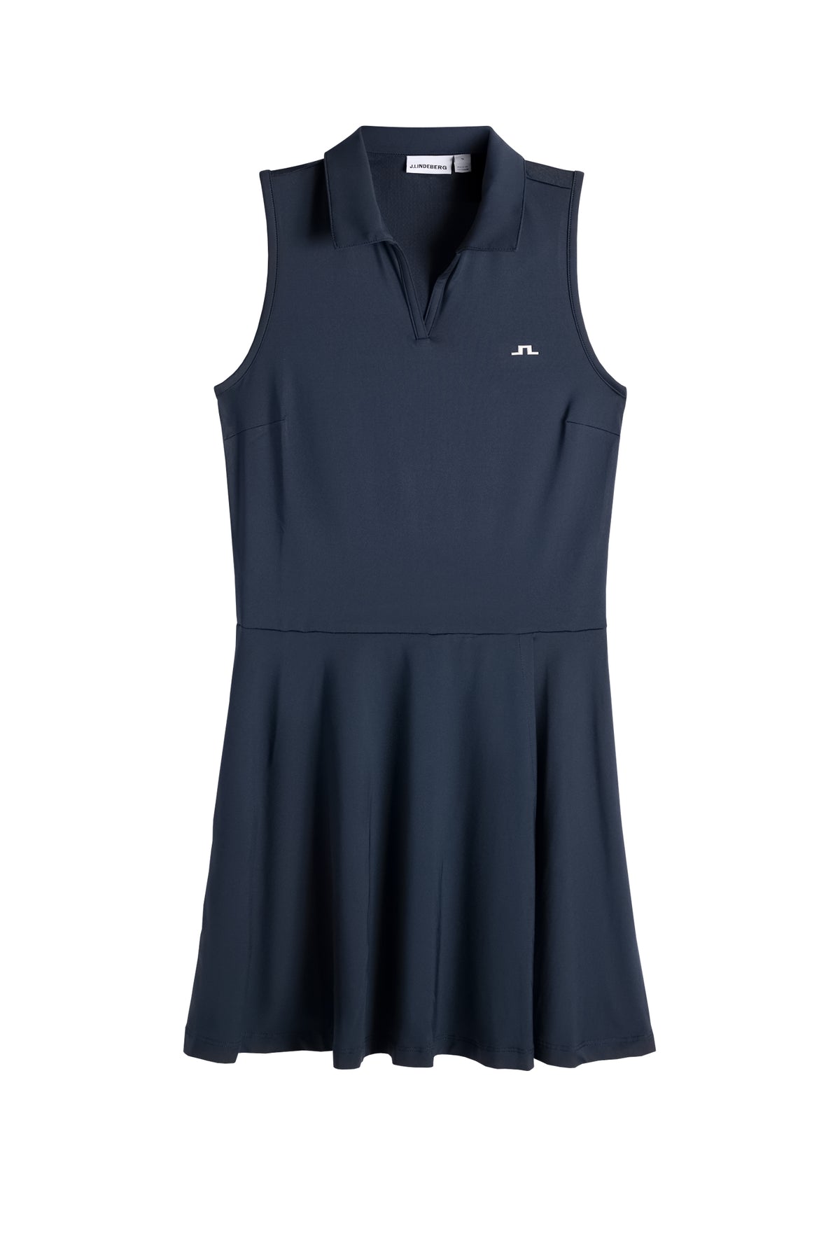 Vorderansicht: Ärmelloses Dana Dress in JL Navy mit offenem V-Ausschnitt, Kragen und Bridge-Logo auf der Brust.