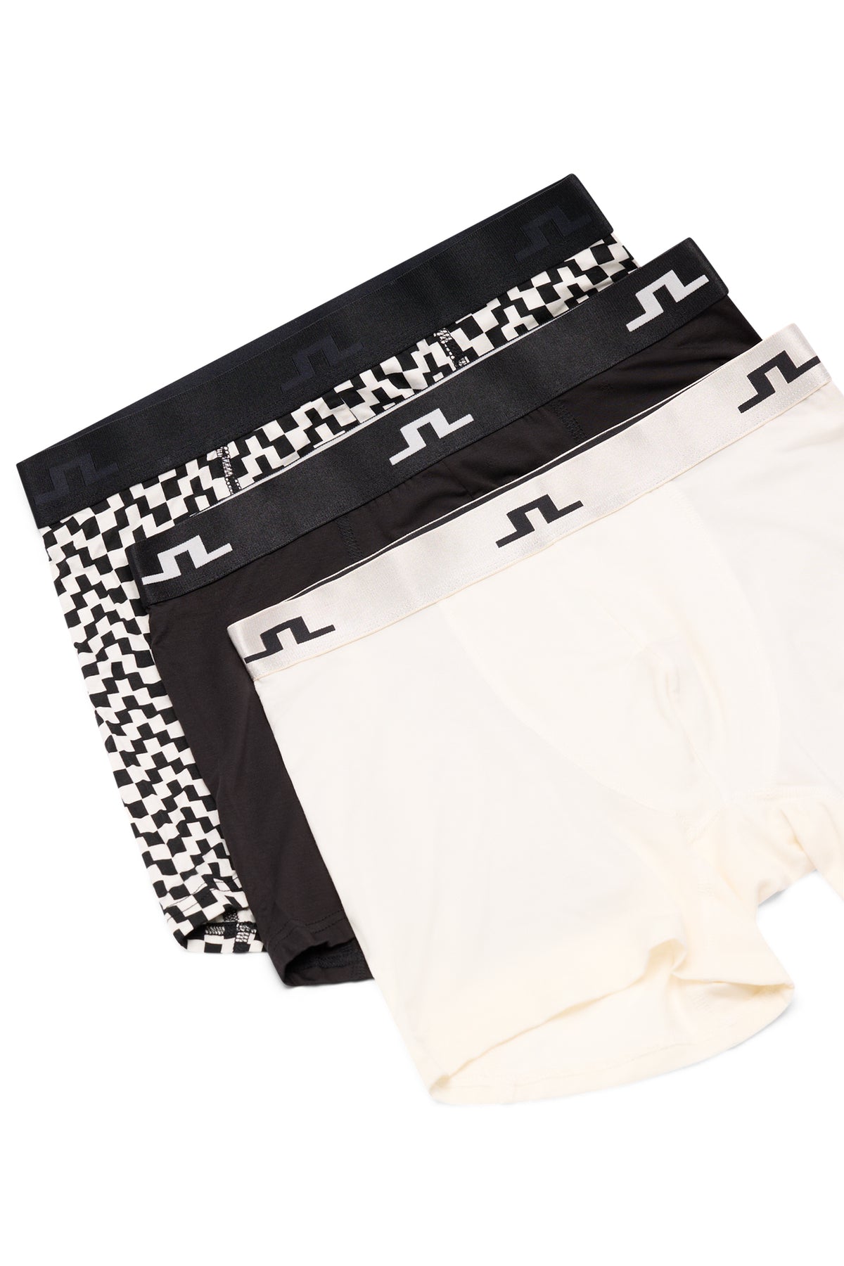 Seasonal Bridge Boxer three-pack in white, black, and stacked Bridge print with logo waistbands.