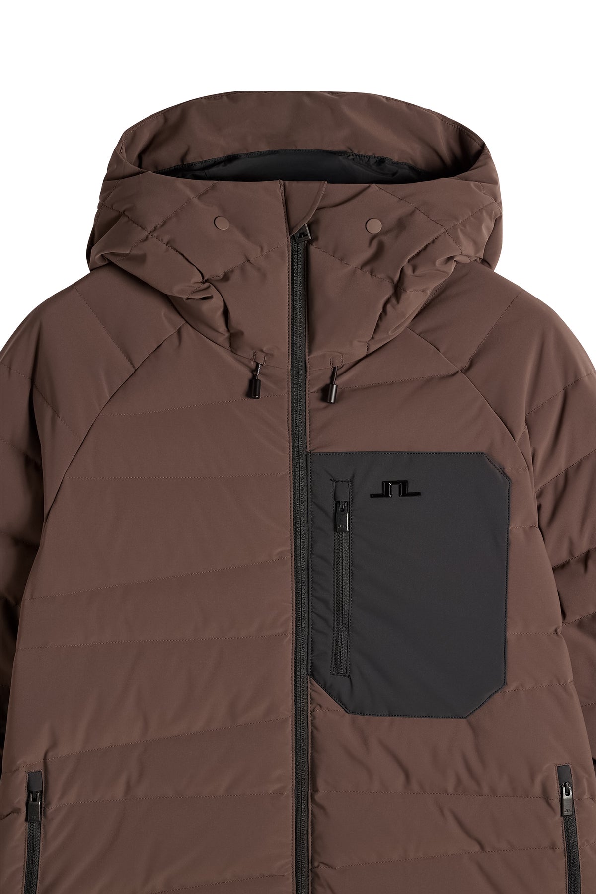 Thornton Down Jacket in Seal Brown, close-up of the hood and contrast zippered chest pocket with Bridge logo.