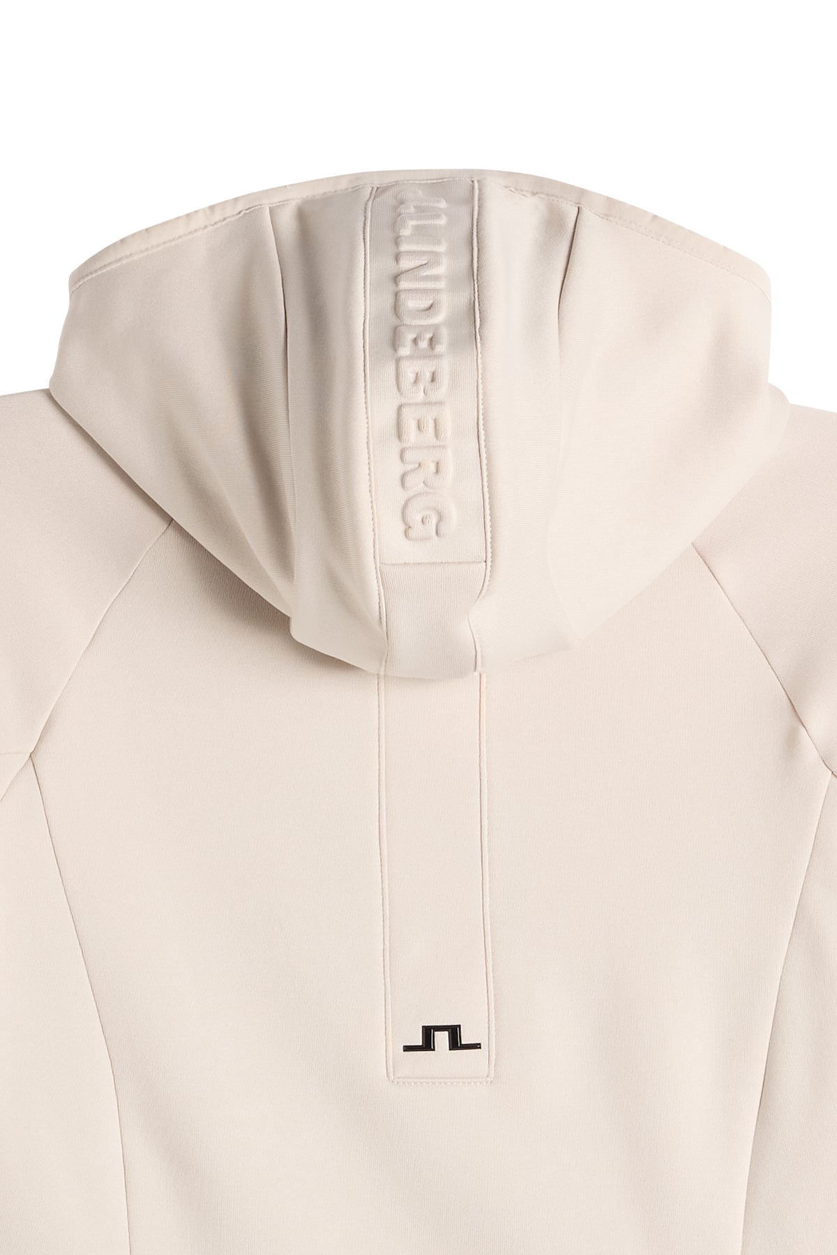 Close-up back view: Portia Polartec Hood in Moonbeam with embossed hood and Bridge logo.