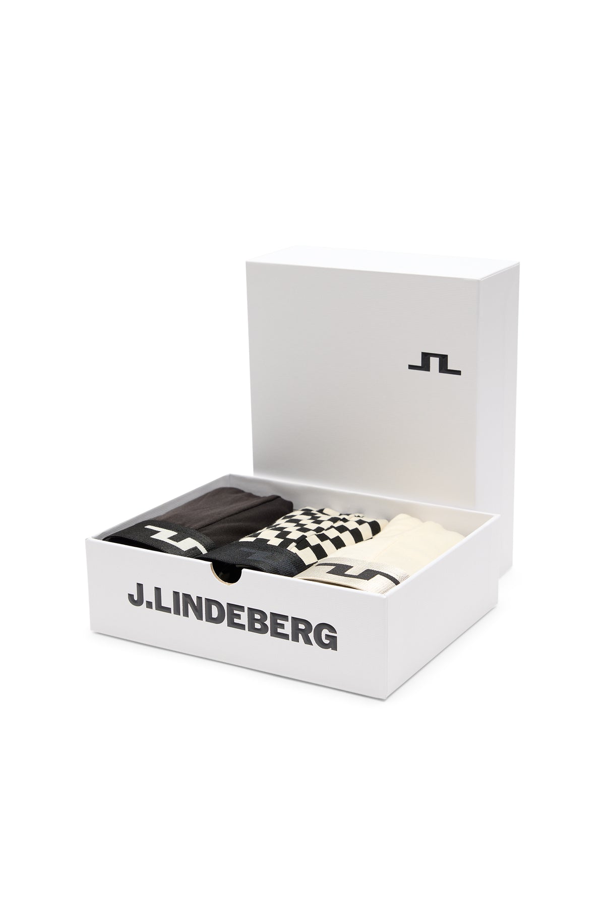 Seasonal Bridge Boxer three-pack in open branded box featuring black, printed, and white pairs.