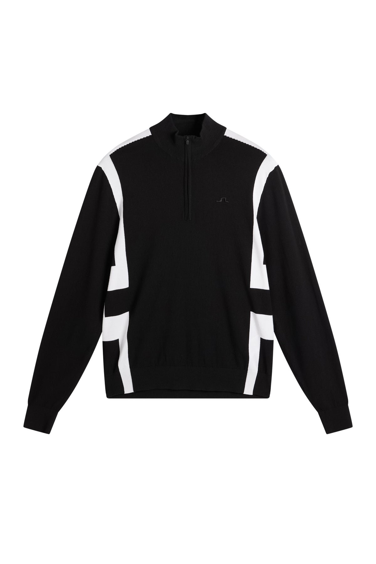 Vorderansicht: Schwarzer Kendrick Knitted Zip Sweater mit Half-Zip-Kragen, weißen Seiteneinsätzen und Bridge-Logo.