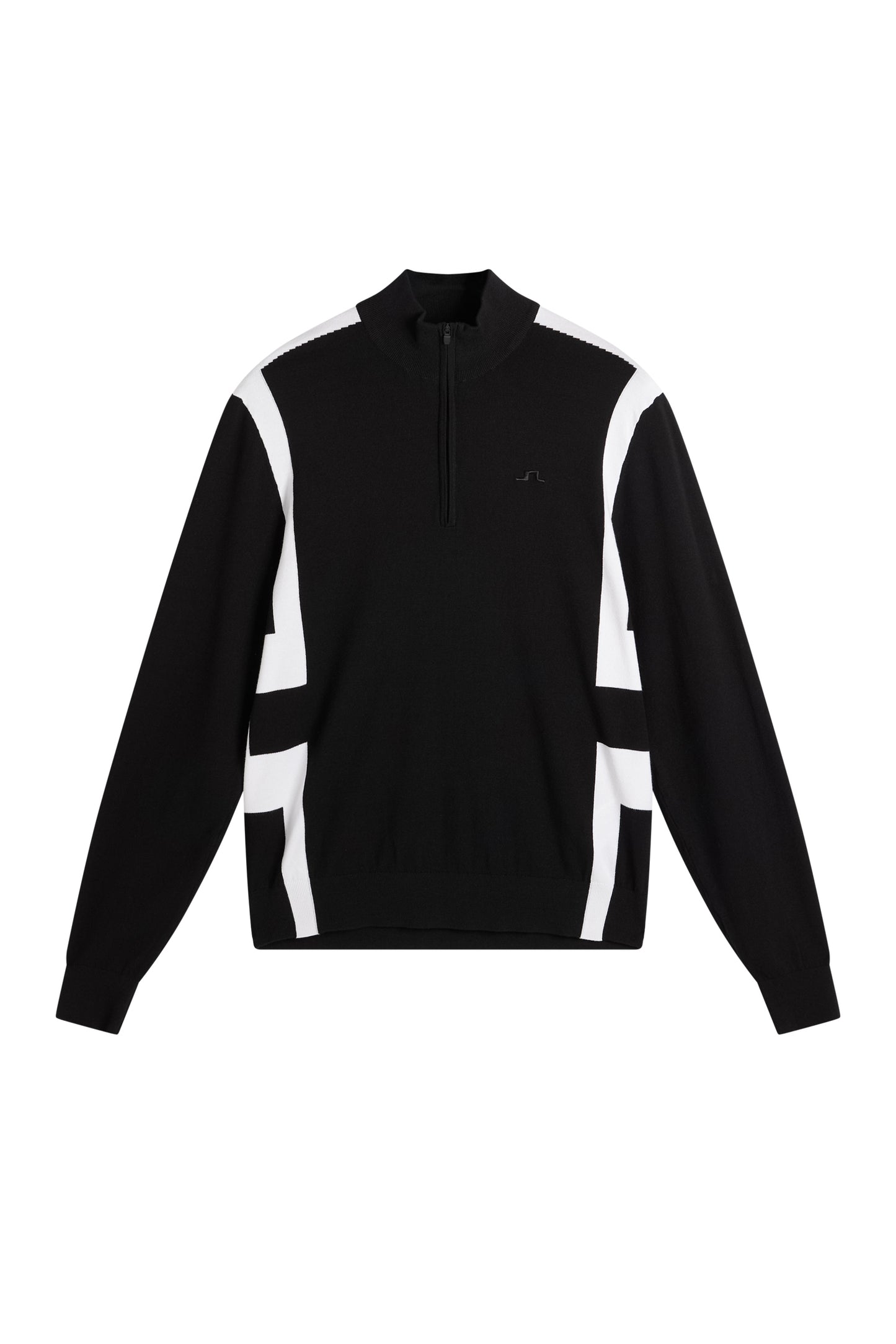 Vorderansicht: Schwarzer Kendrick Knitted Zip Sweater mit Half-Zip-Kragen, weißen Seiteneinsätzen und Bridge-Logo.