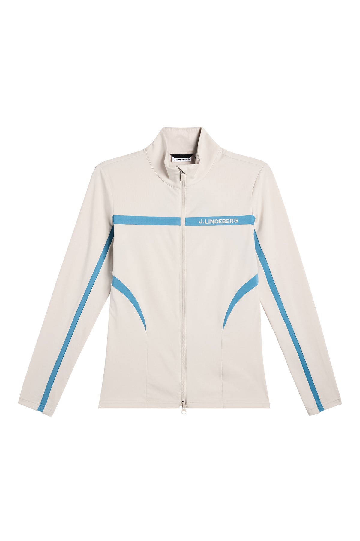 Front view: Janice Mid Layer in Moonbeam with full zipper, high collar, and blue contrast stripes.