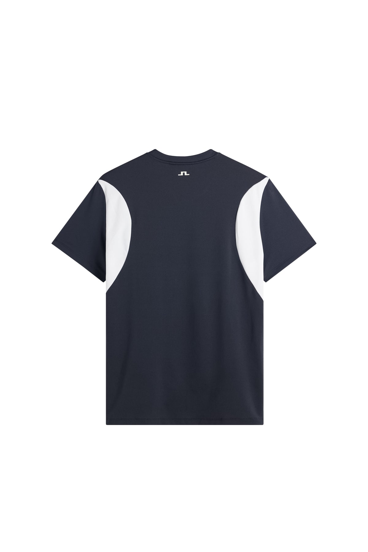 Bagfra: JL Navy Dennis T-shirt, der viser korte ærmer, hvide kontrastpaneler og et Bridge-logo midt på ryggen.