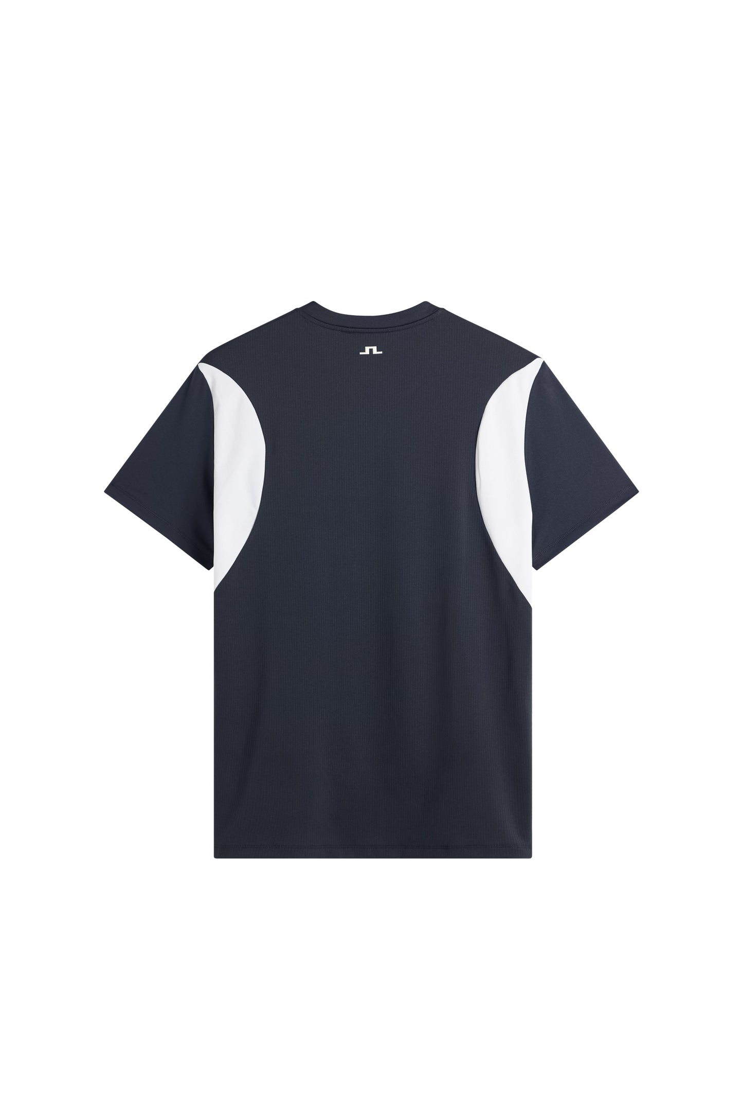 Bagfra: JL Navy Dennis T-shirt, der viser korte ærmer, hvide kontrastpaneler og et Bridge-logo midt på ryggen.