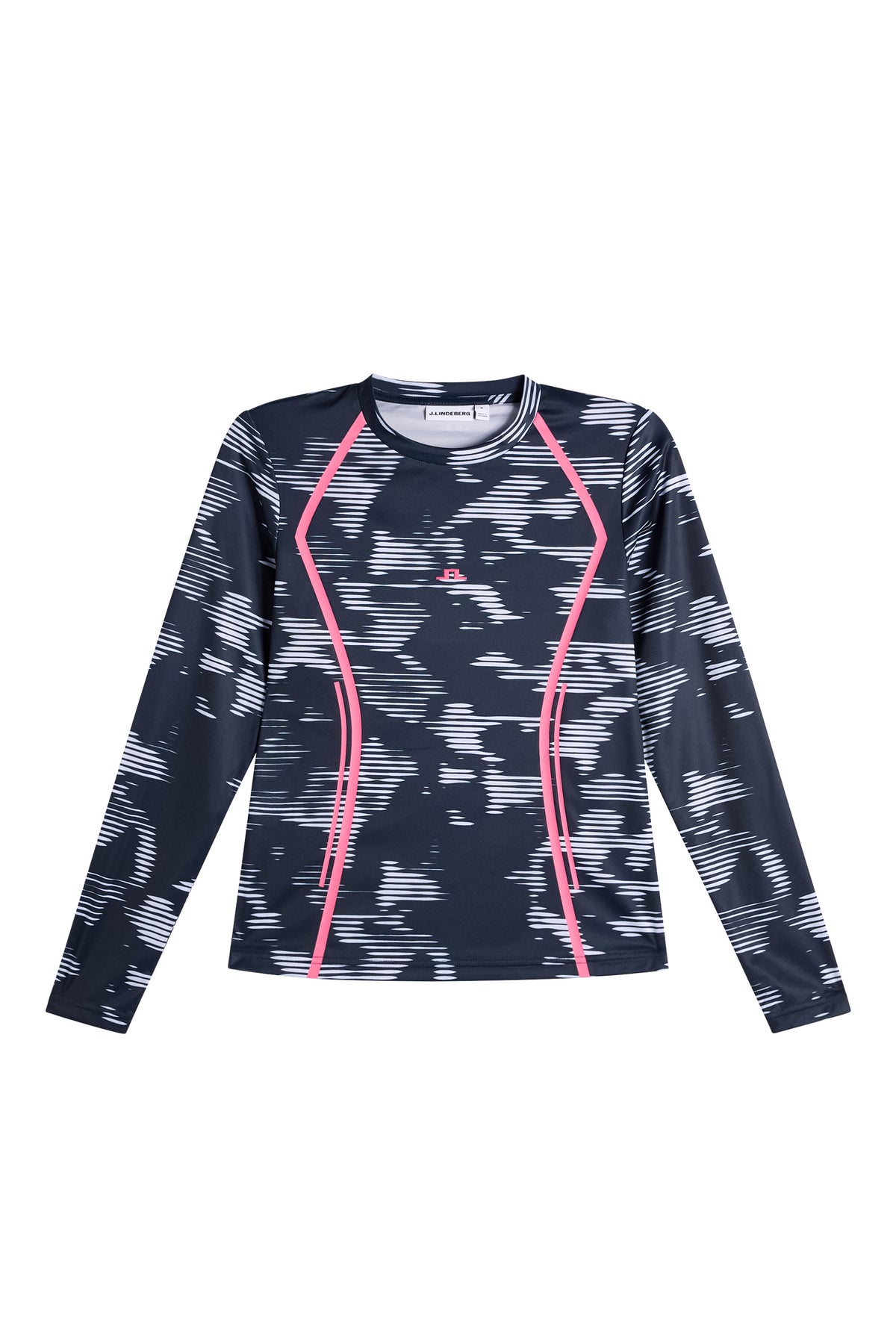 Vooraanzicht: Line LS Printed Top met grafische print, roze streepdetails en Bridge-logo.