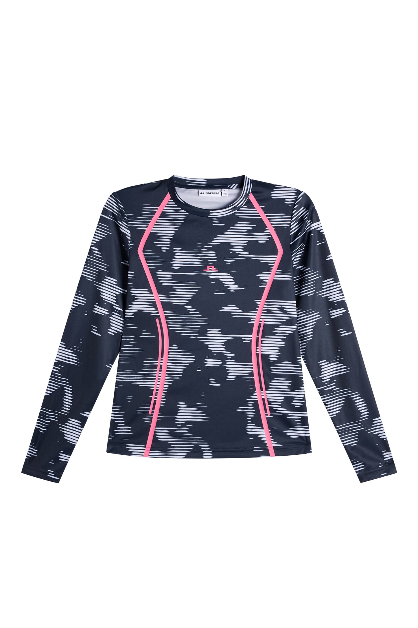 Vooraanzicht: Line LS Printed Top met grafische print, roze streepdetails en Bridge-logo.