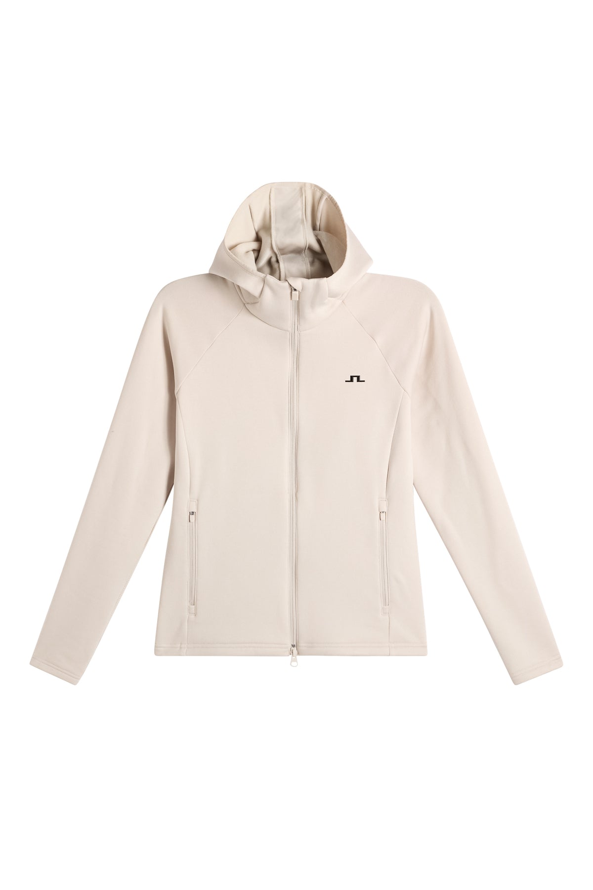Portia Polartec Hood in Moonbeam, front view with hood, two-way zipper, and chest Bridge logo.