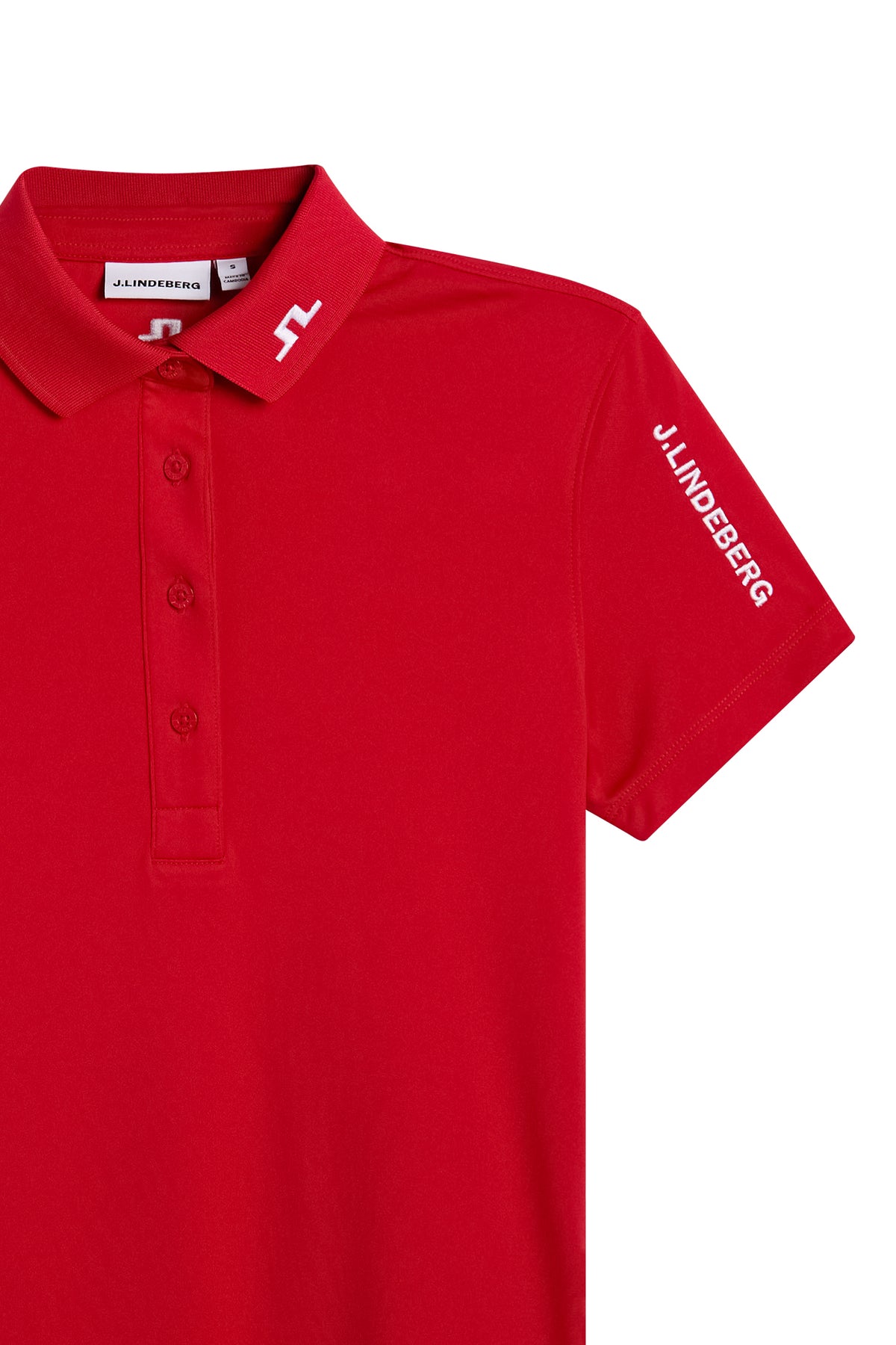 Close-up of the red Tour Tech Polo showing the embroidered Bridge logo on the collar and sleeve branding.