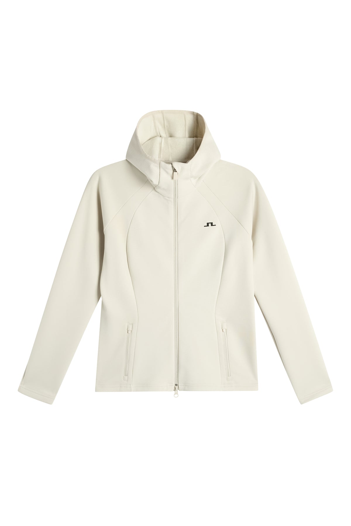 Front view: Mireya Full Zip Hood in Moonbeam with hood, full-length zipper, zippered pockets, and chest Bridge logo.