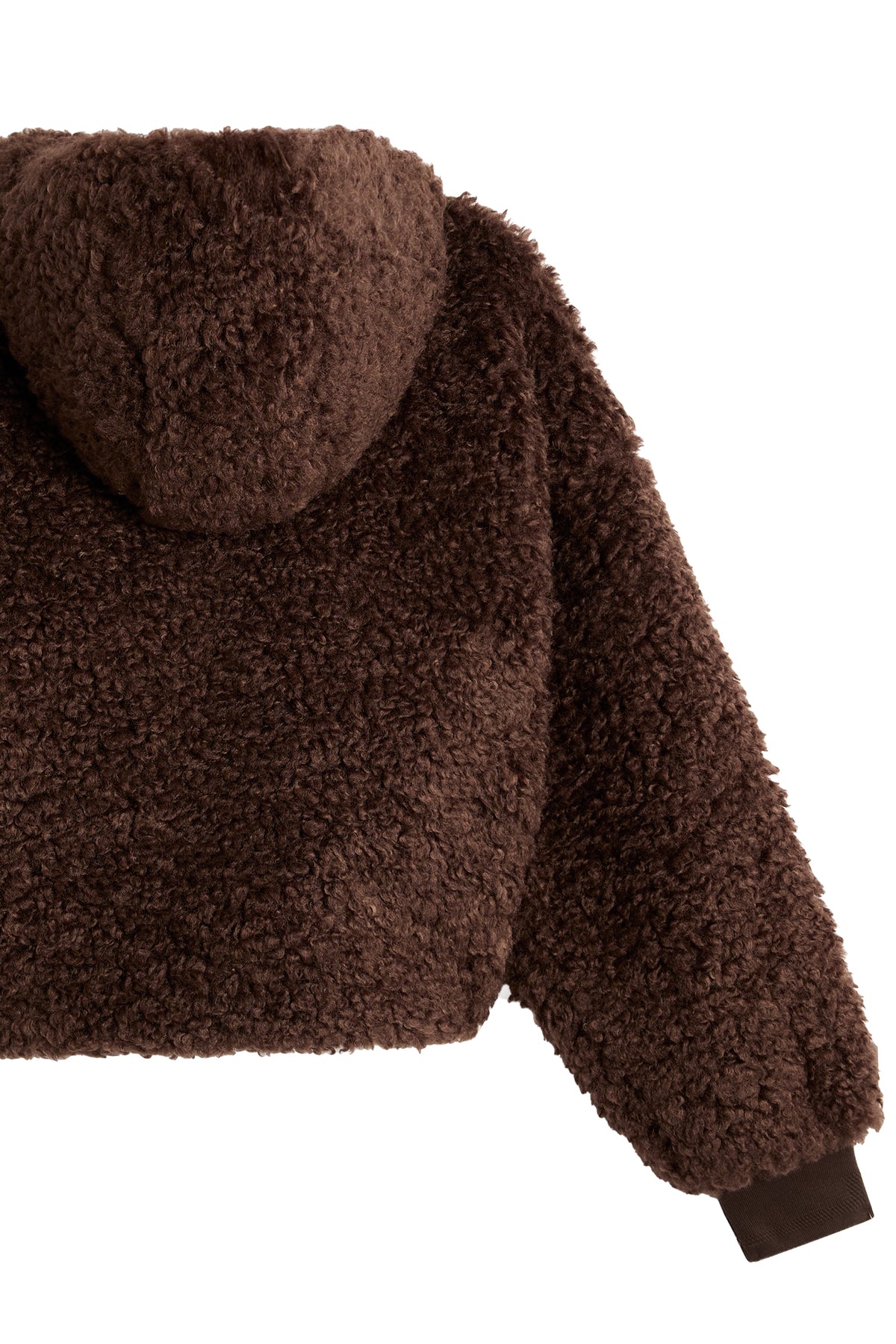 Elina Pile Jacket in Seal Brown, close-up back view showing textured pile fabric, hood, and ribbed cuff.