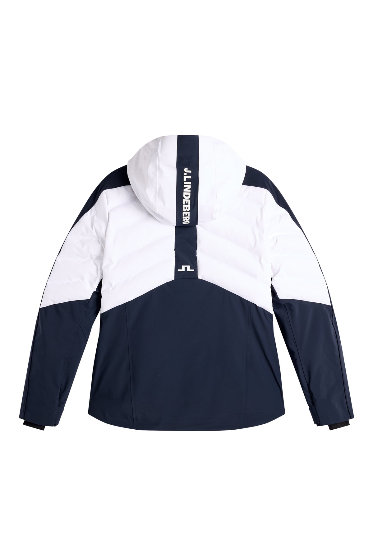 Rückansicht: Helia Jacket in Weiß und Dunkelblau mit Kapuze, J.LINDEBERG-Schriftzug und Bridge-Logo.