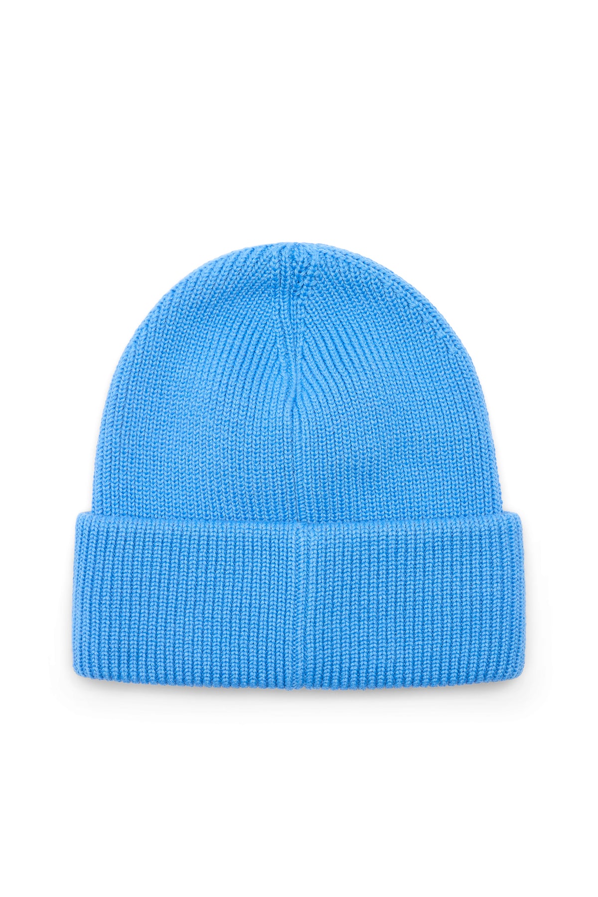 Rückansicht: Vale Beanie in Sonic Blue mit Rippstrickstruktur und breitem Umschlagbündchen.