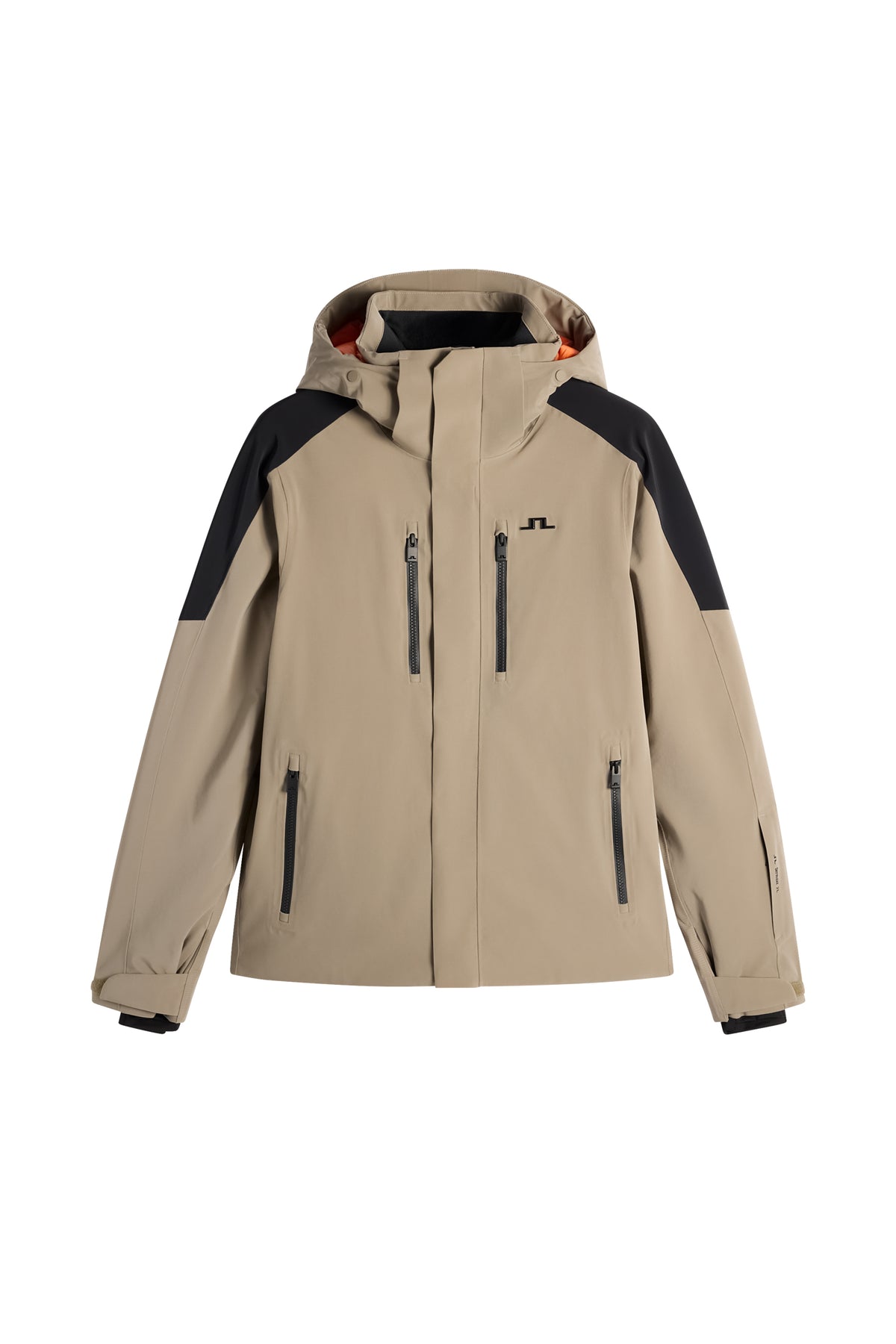 Set forfra: Greyson Down Jacket i Brindle med hætte, lynlåslommer og Bridge-logo på brystet.