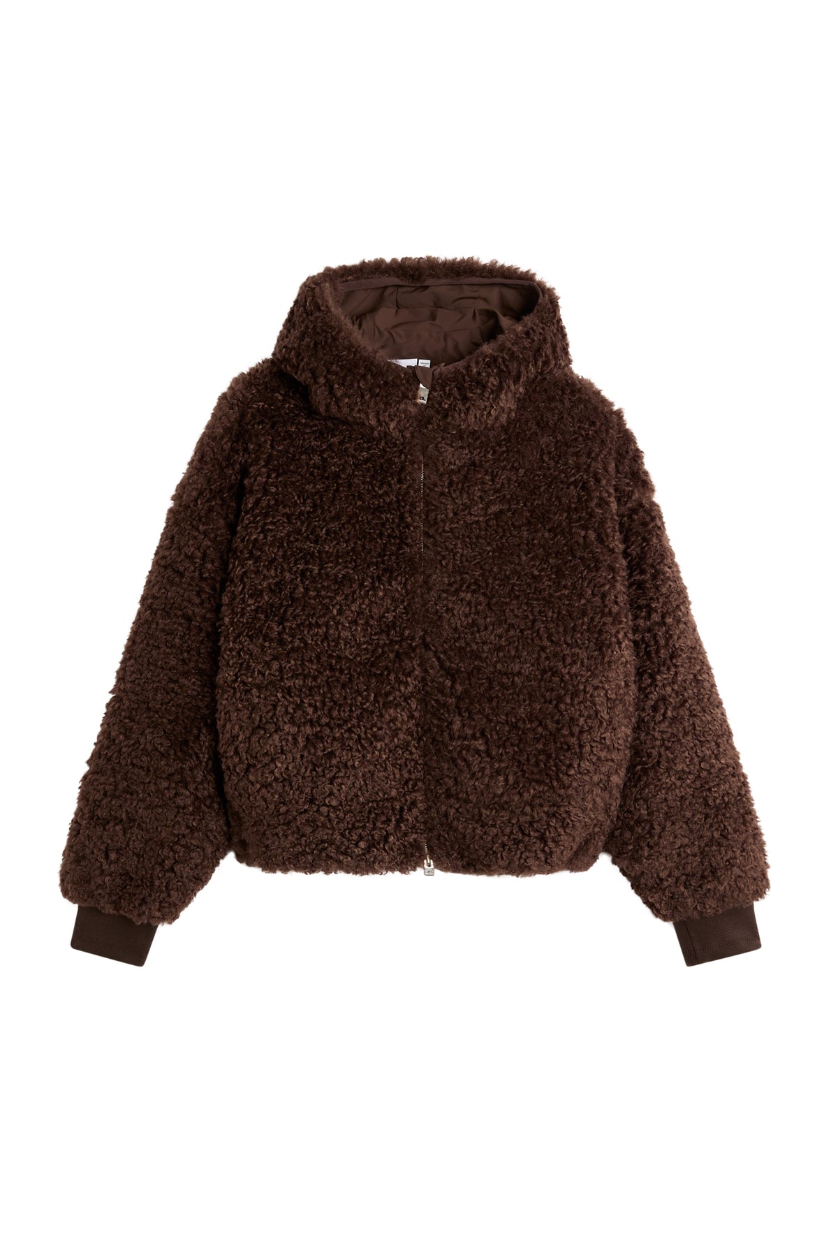 Elina Pile Jacket in seal brown, front view with hood, full-length front zipper, and ribbed cuffs.