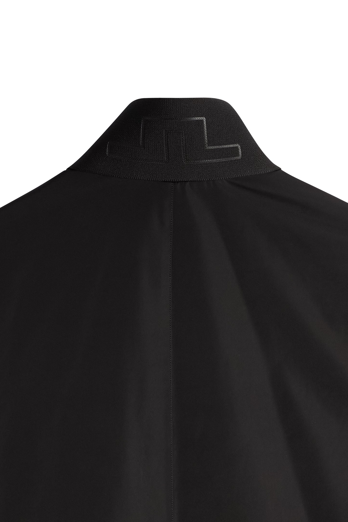 Harold Padded Jacket in black, close-up back view showing the ribbed collar with a tonal Bridge logo.