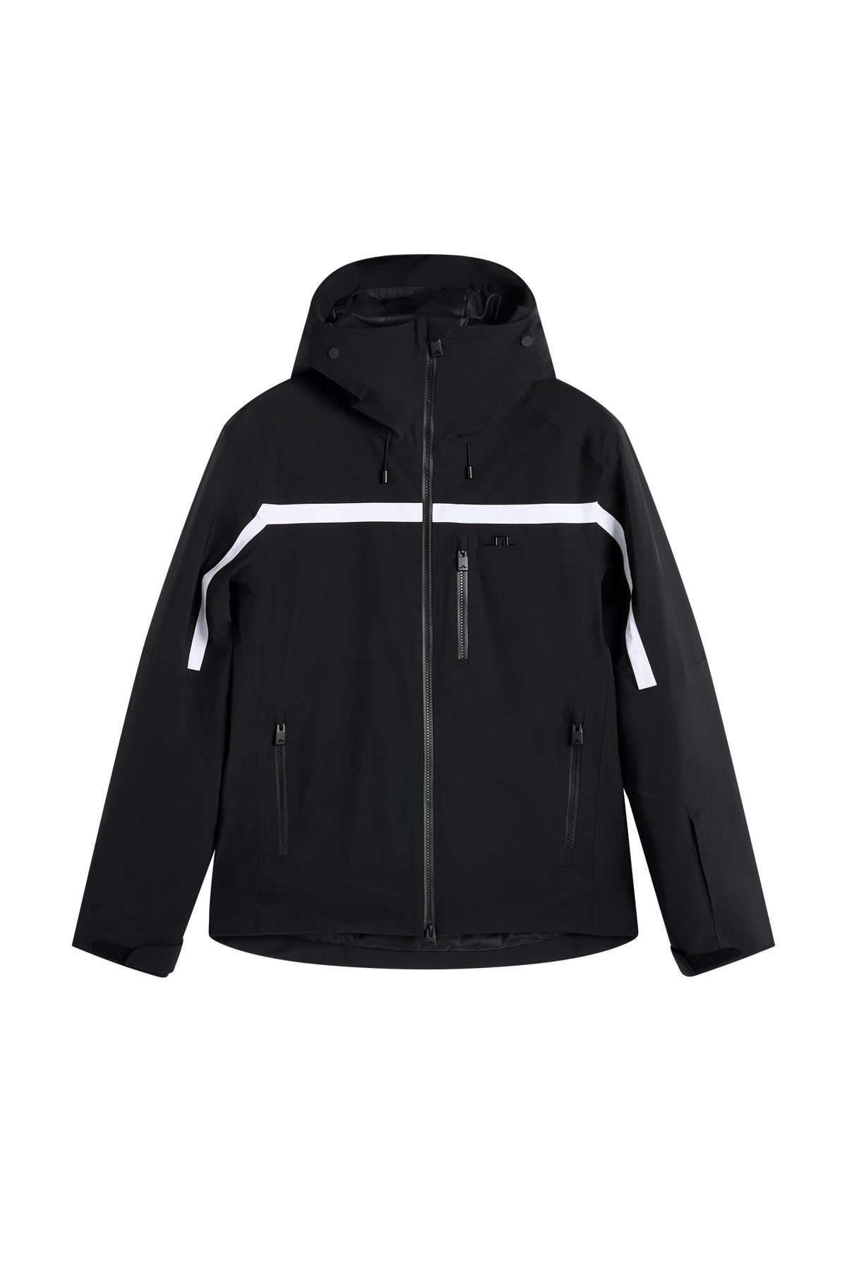 Windsor Jacket in black, front view with hood, white contrast stripe, and zipped pockets.