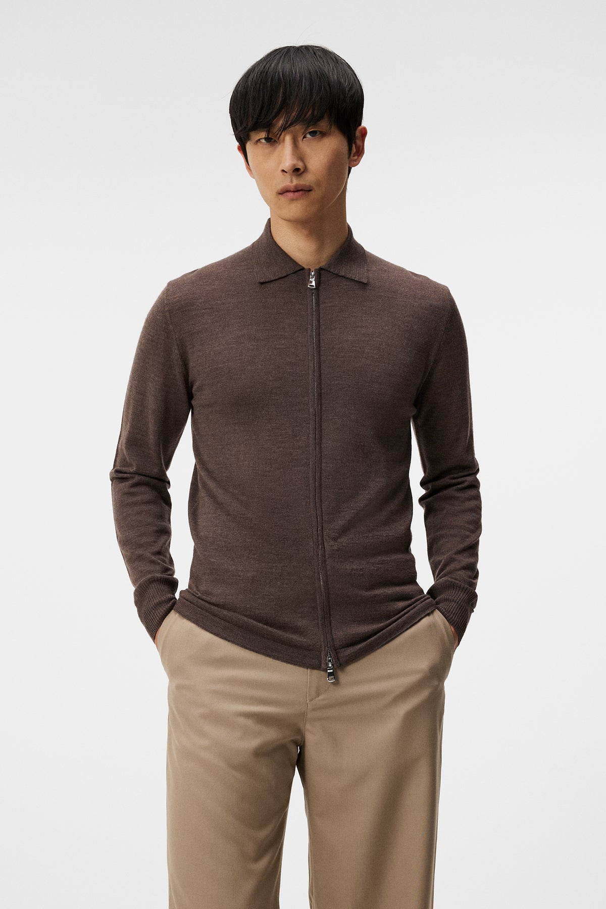 Nyle Light Merino Zip Cardigan / Walnut Melange