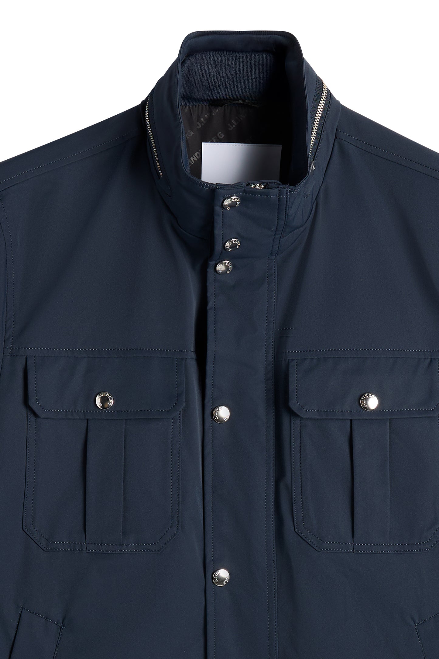 Close-up of the stand collar, snap buttons, and flap chest pockets on the Bailey Recy Poly Jacket in JL Navy.