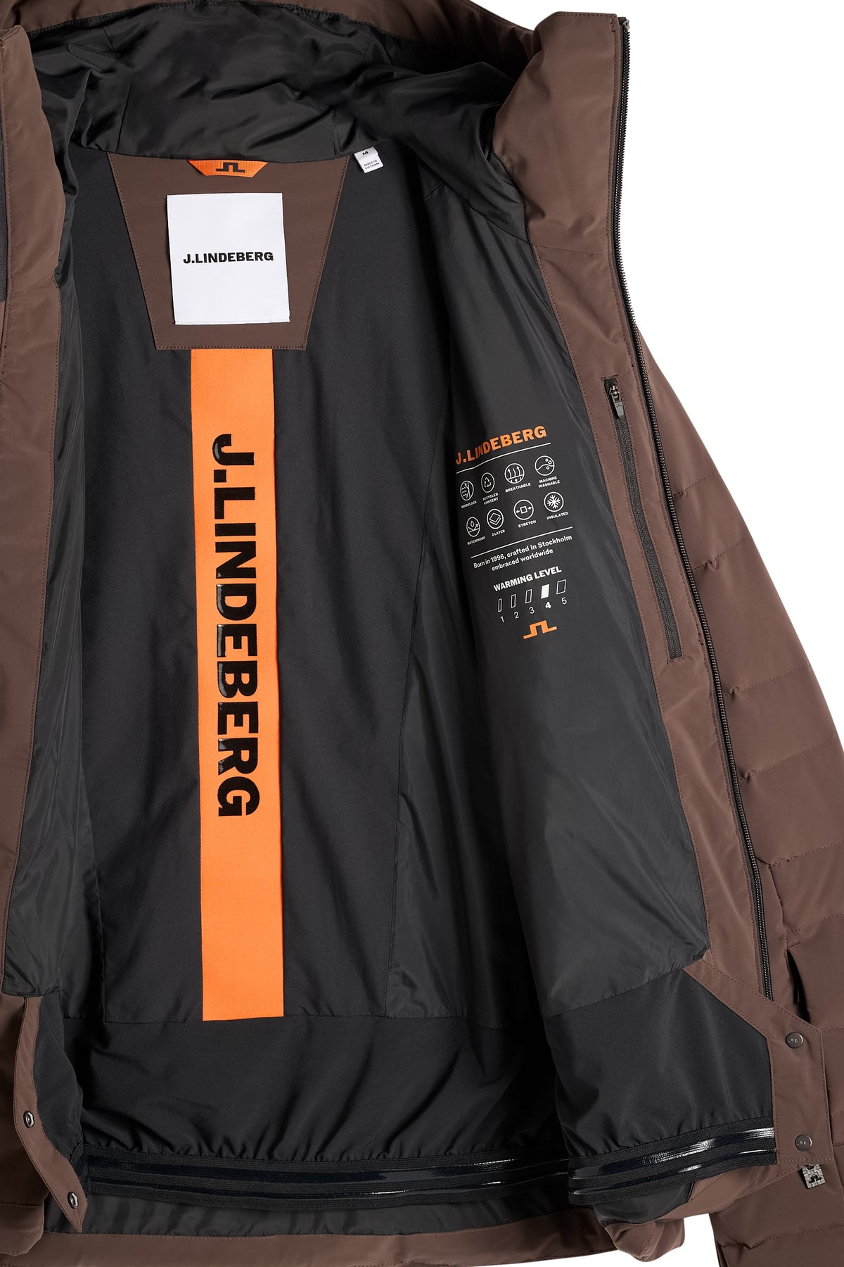 Interior view of the Thornton Down Jacket in Seal Brown with branded lining and internal snow gaiter.