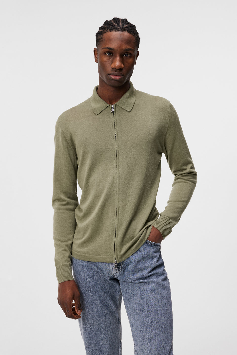 Nyle Light Merino Zip Cardigan / Oil Green