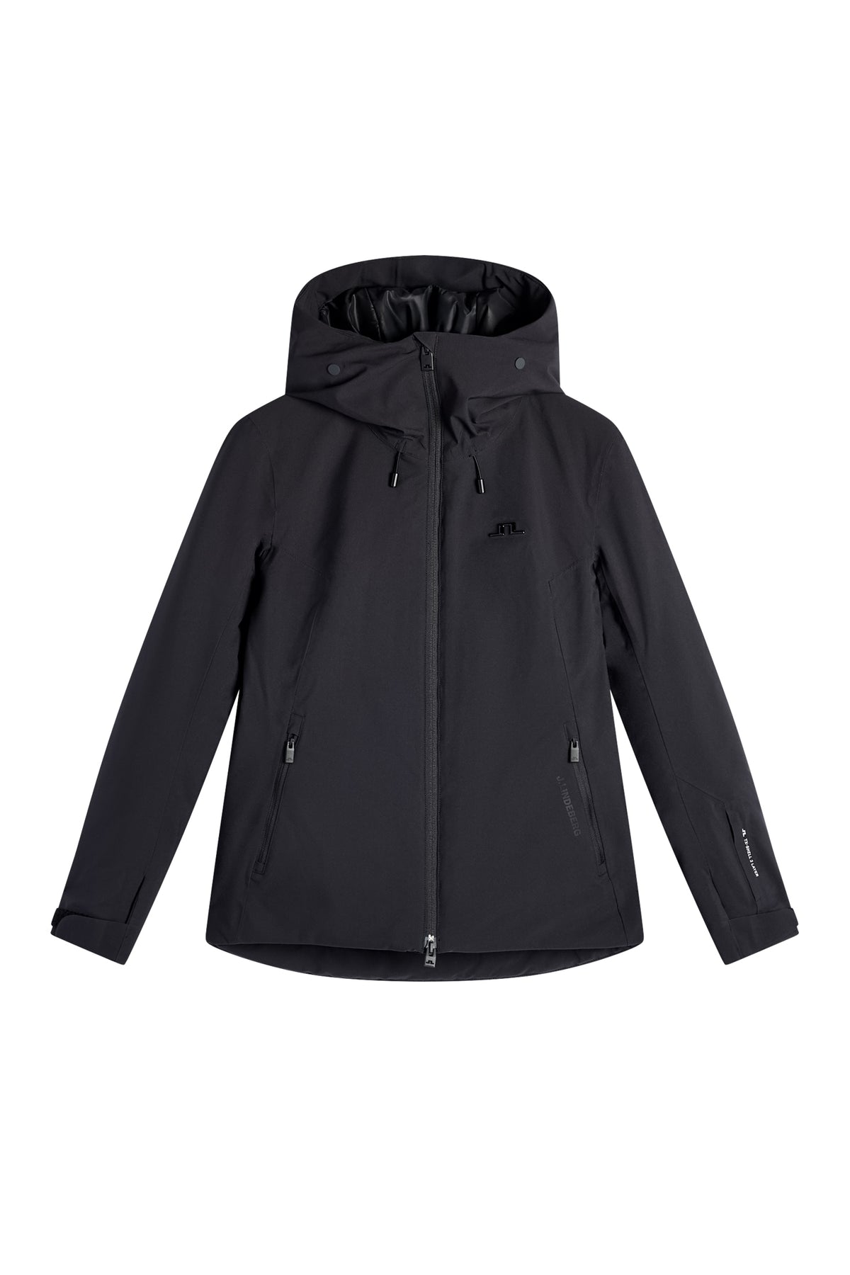 Set forfra: Sort Lilia Jacket med hætte, tovejslynlås, lynlåslommer og Bridge-logo på brystet.