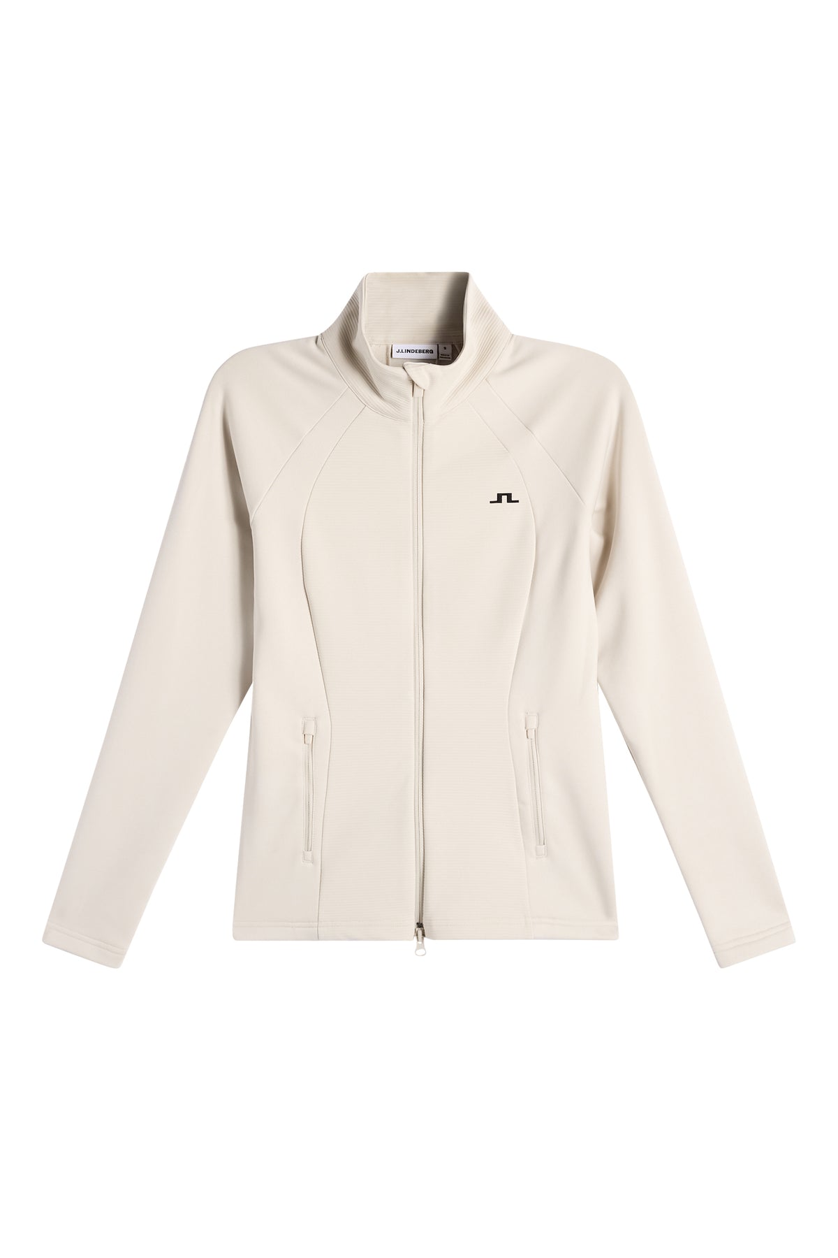 Front view: Mireya Full Zip Mid Layer in Moonbeam with mock neck, full-zip closure, and chest Bridge logo.