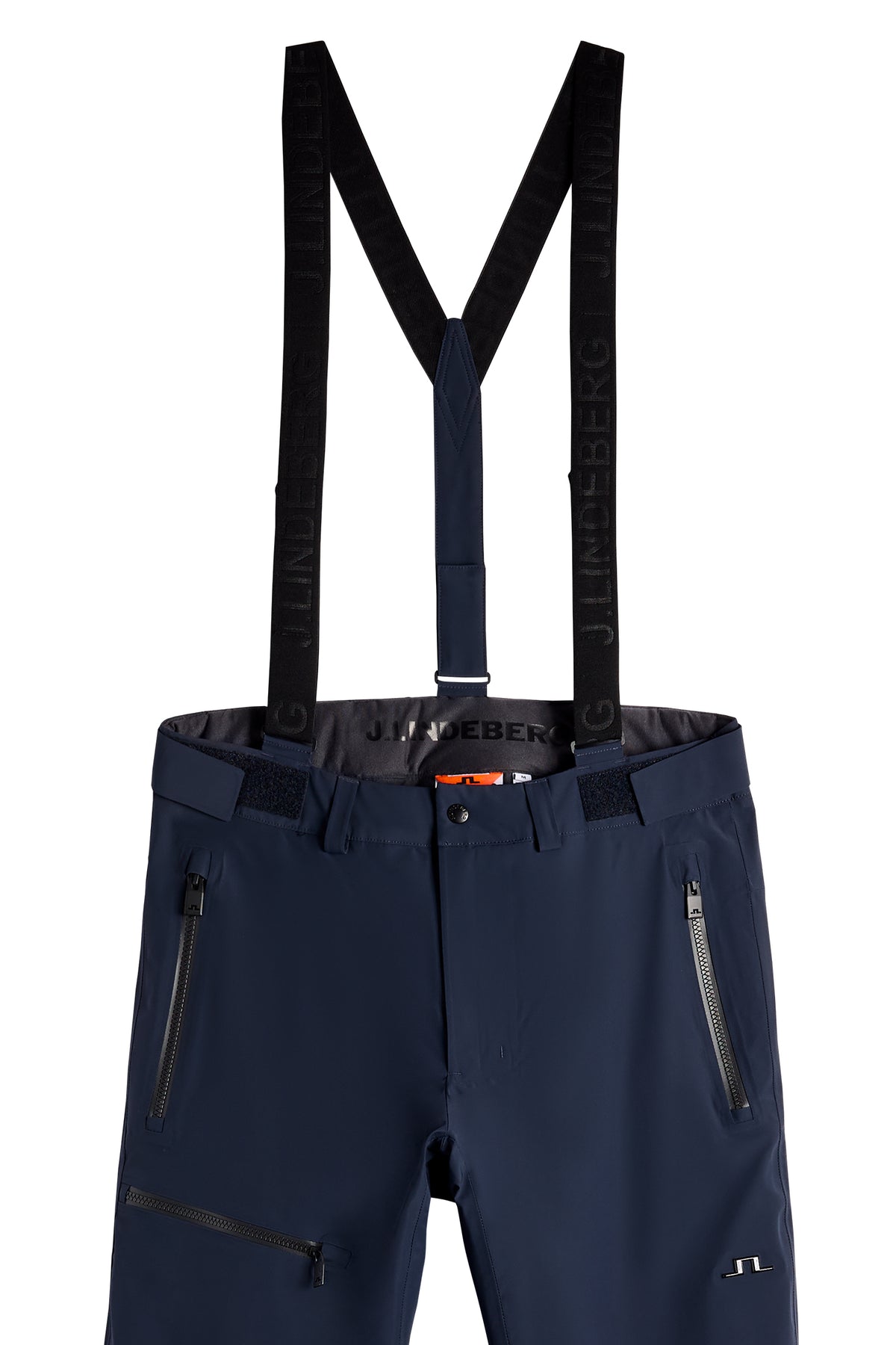 Detailansicht: Crue Suspender Pant in JL Navy mit Hosenträgern, Reißverschlusstaschen und Bridge-Logo.