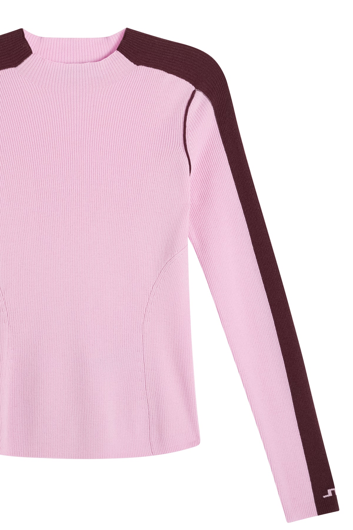 Vue détaillée : Vale Rib Knit Longsleeve rose en maille côtelée avec rayure contrastée et logo Bridge sur la manche.