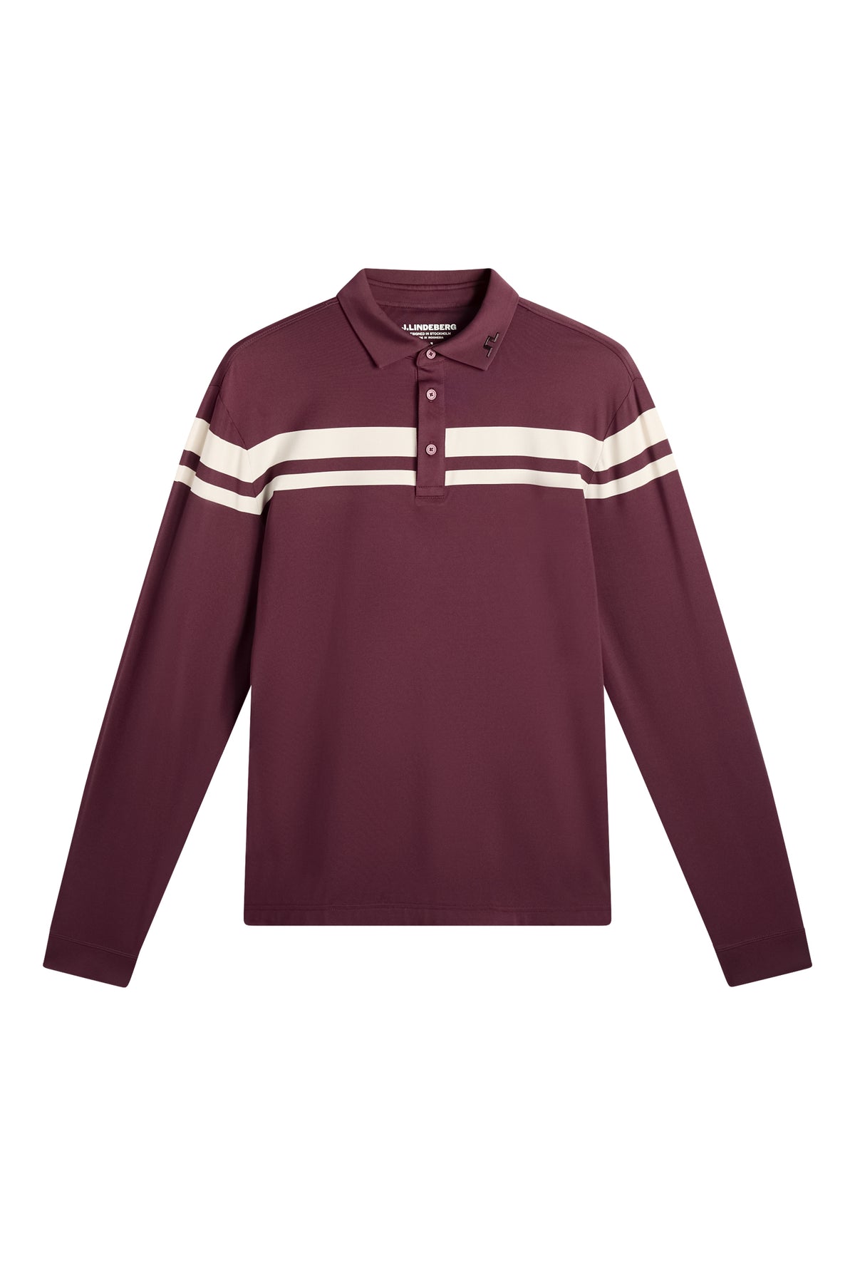 Set forfra: Kenny LS Stripe Polo i vinrød med hvide striber over brystet, knapstolpe og Bridge-logo på kraven.
