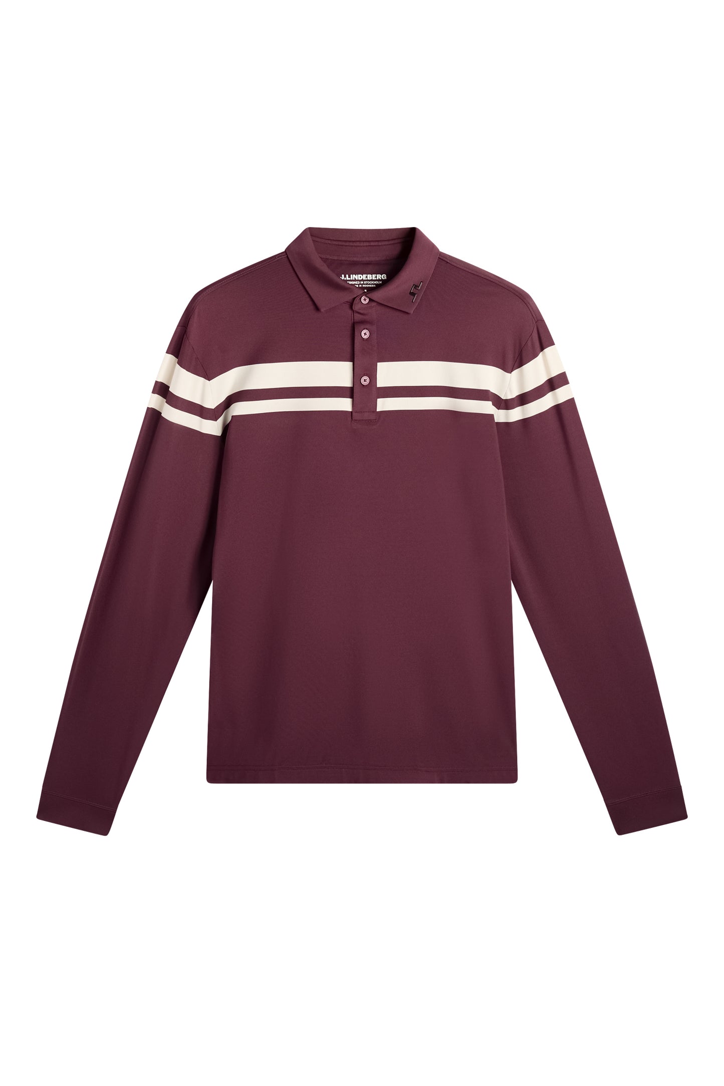 Set forfra: Kenny LS Stripe Polo i vinrød med hvide striber over brystet, knapstolpe og Bridge-logo på kraven.