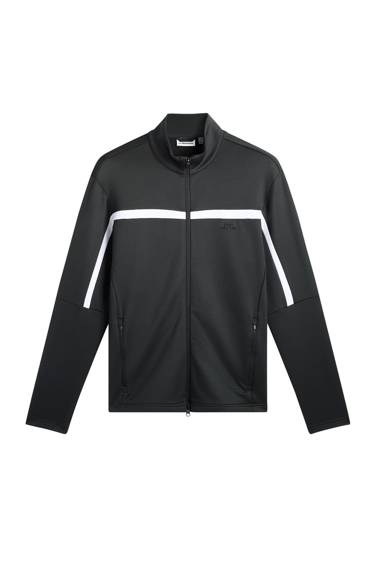 Vue de face : Sharpe Full Zip Mid Layer noir avec bande blanche contrastante sur la poitrine et fermeture zippée.