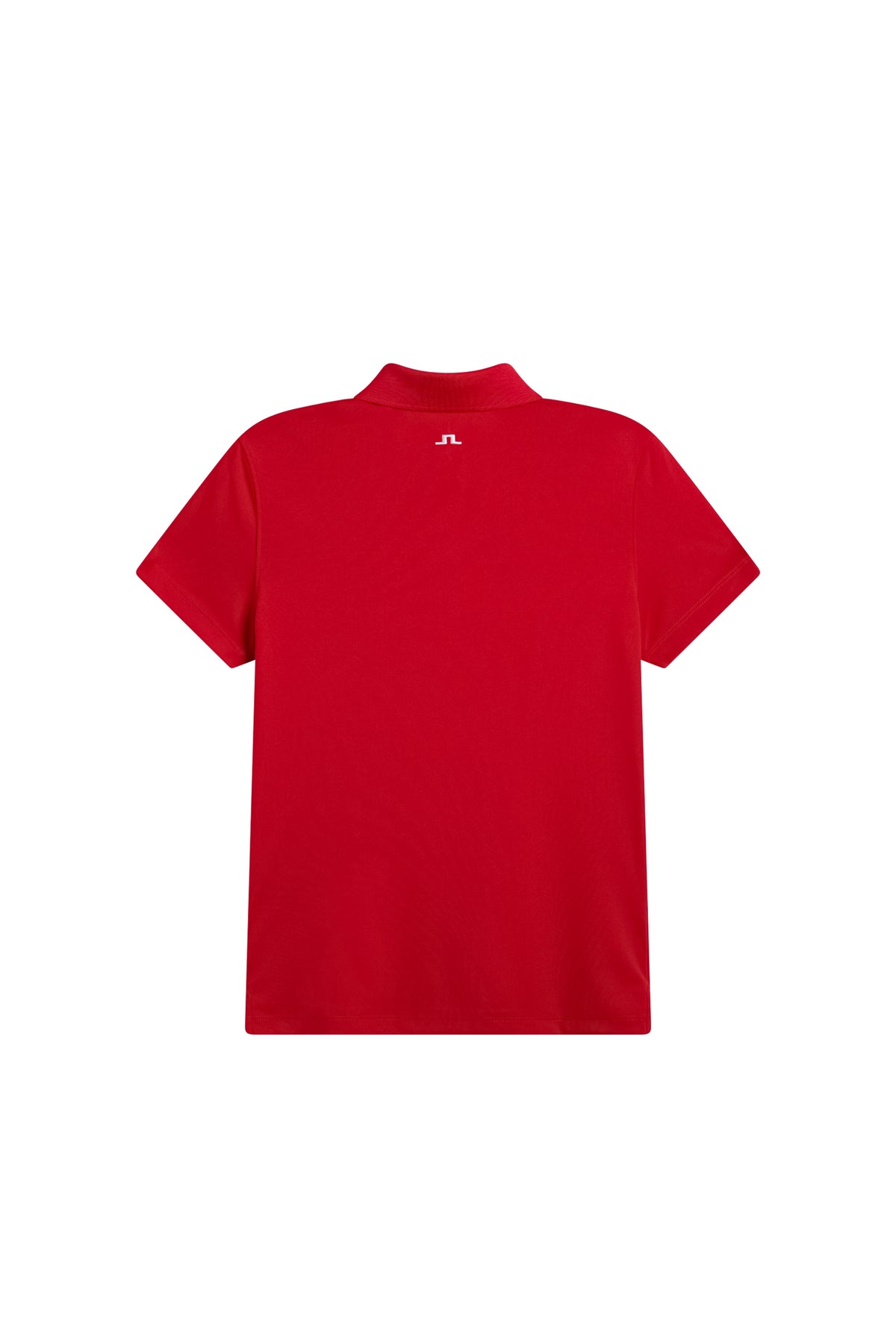 Tour Tech Polo in Barbados Cherry, back view showing the embroidered Bridge logo.