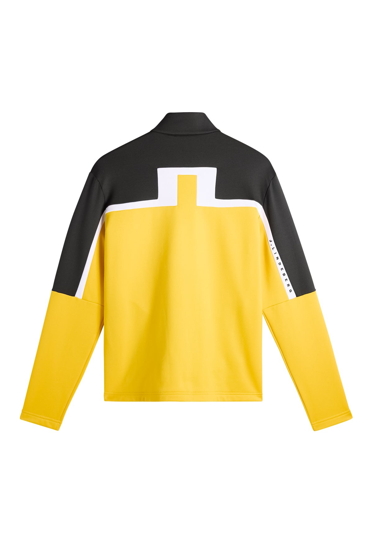 Vue de dos : Sharpe Full Zip Mid Layer jaune et noir avec grand logo Bridge contrasté dans le dos.