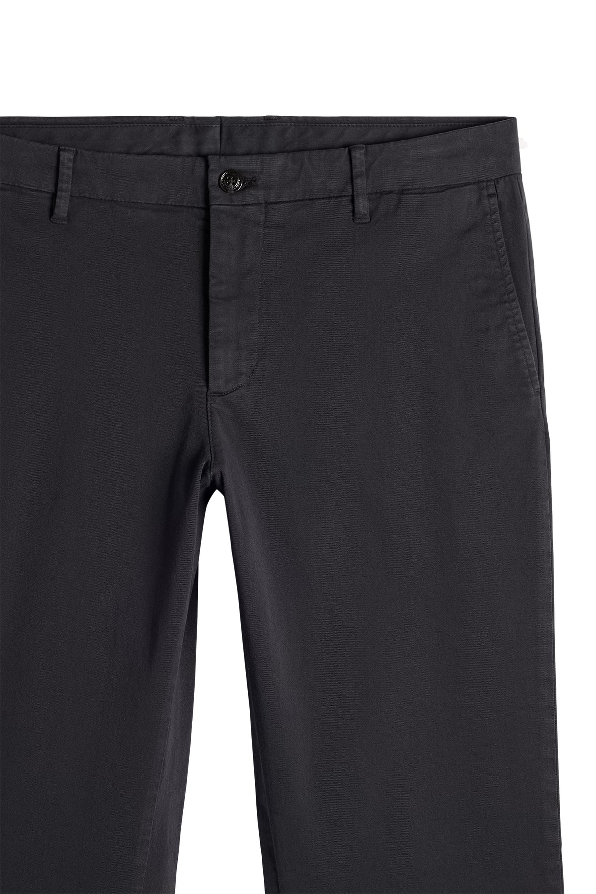 Gros plan : Chaze Cotton Stretch Pants GD noir avec taille boutonnée, passants de ceinture et poches latérales.