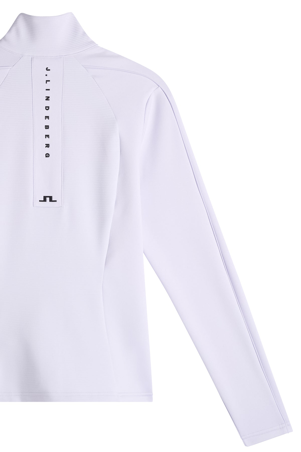 Close-up achterkant: Mireya Full Zip Mid Layer in Purple Heather met J.LINDEBERG-print en Bridge-logo op de rug.