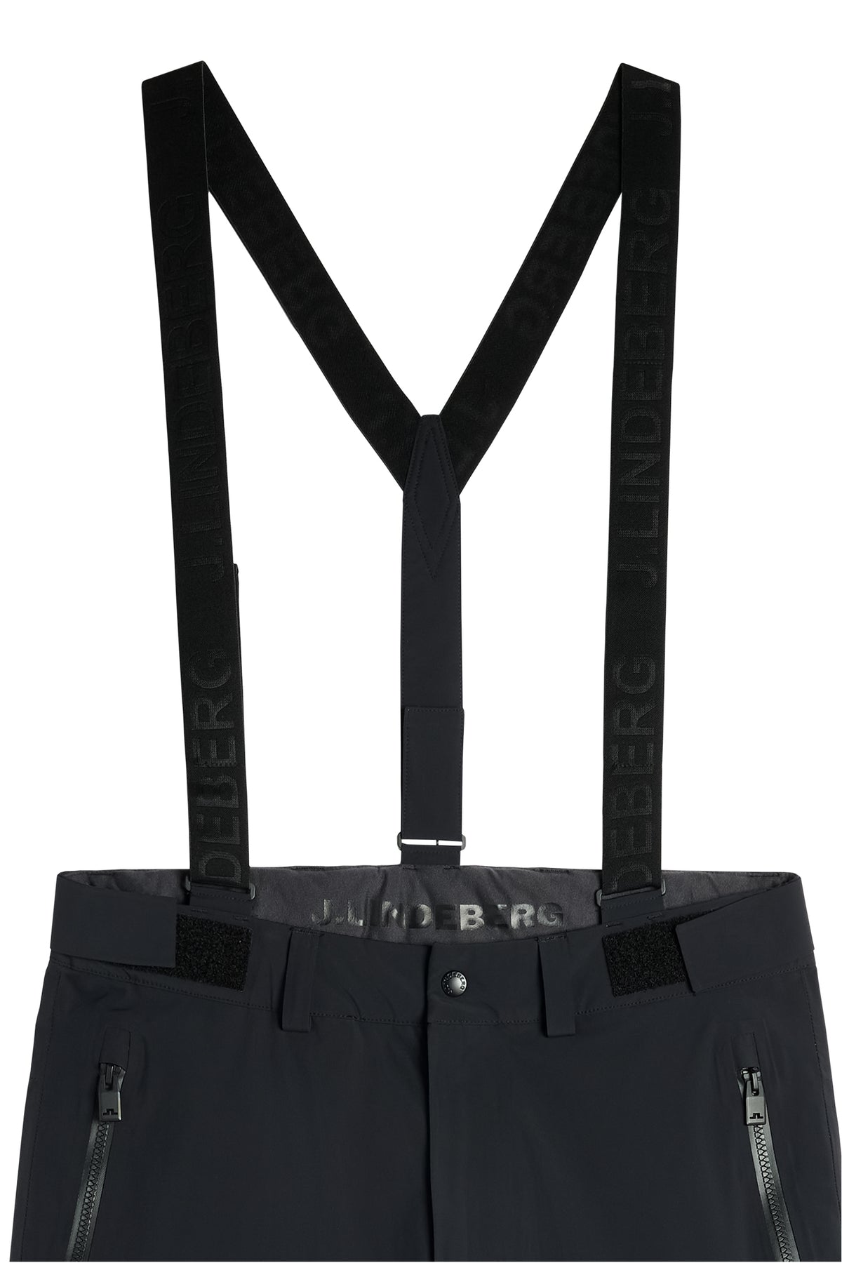 Nærbillede: Sorte Crue Suspender Pant med seler med J.Lindeberg-logo, lynlåslommer og justerbar talje.