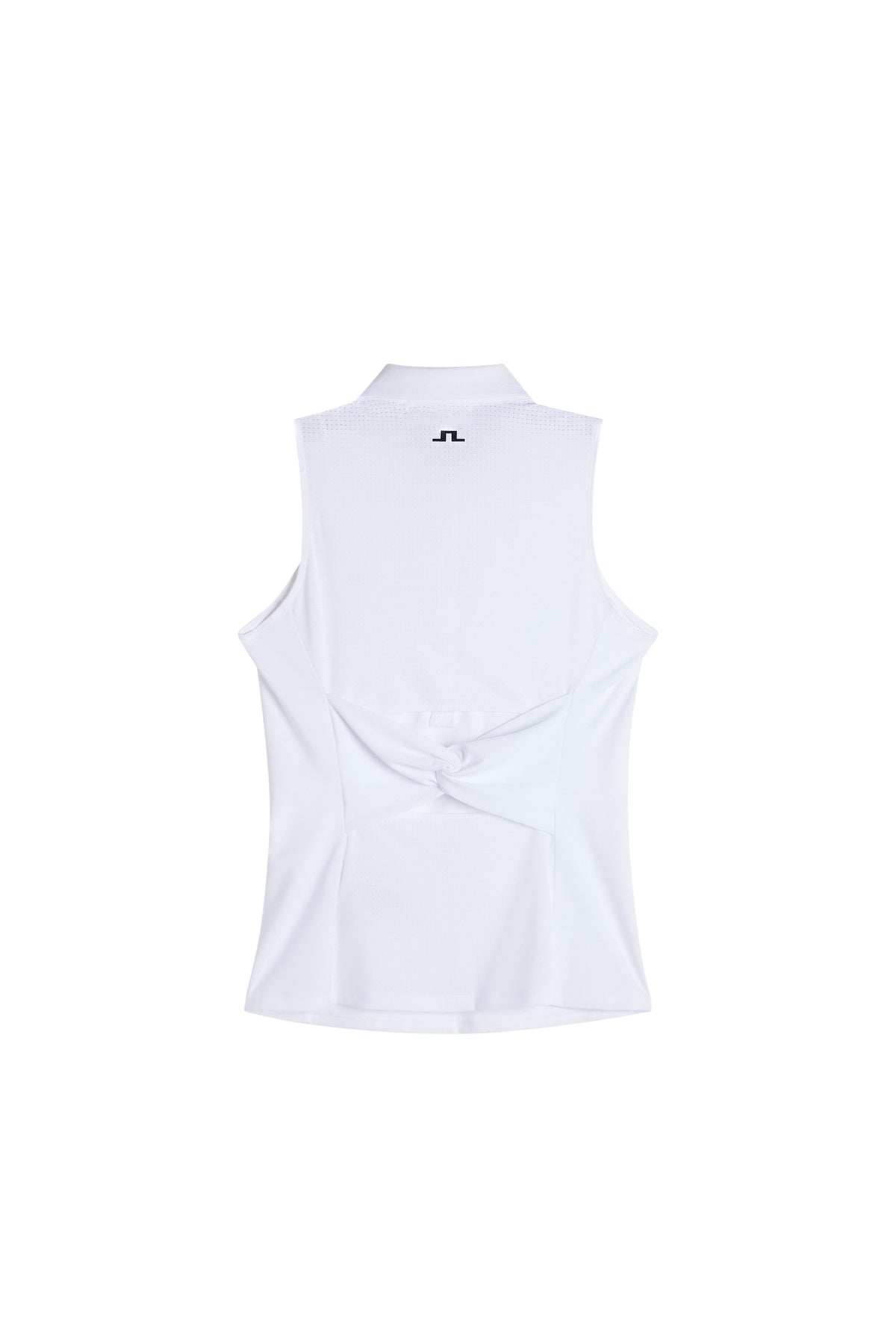 Rückansicht: Weißes Kristina Sleeveless Polo mit gedrehtem Detail am Rücken und schwarzem Bridge-Logo im Nacken.
