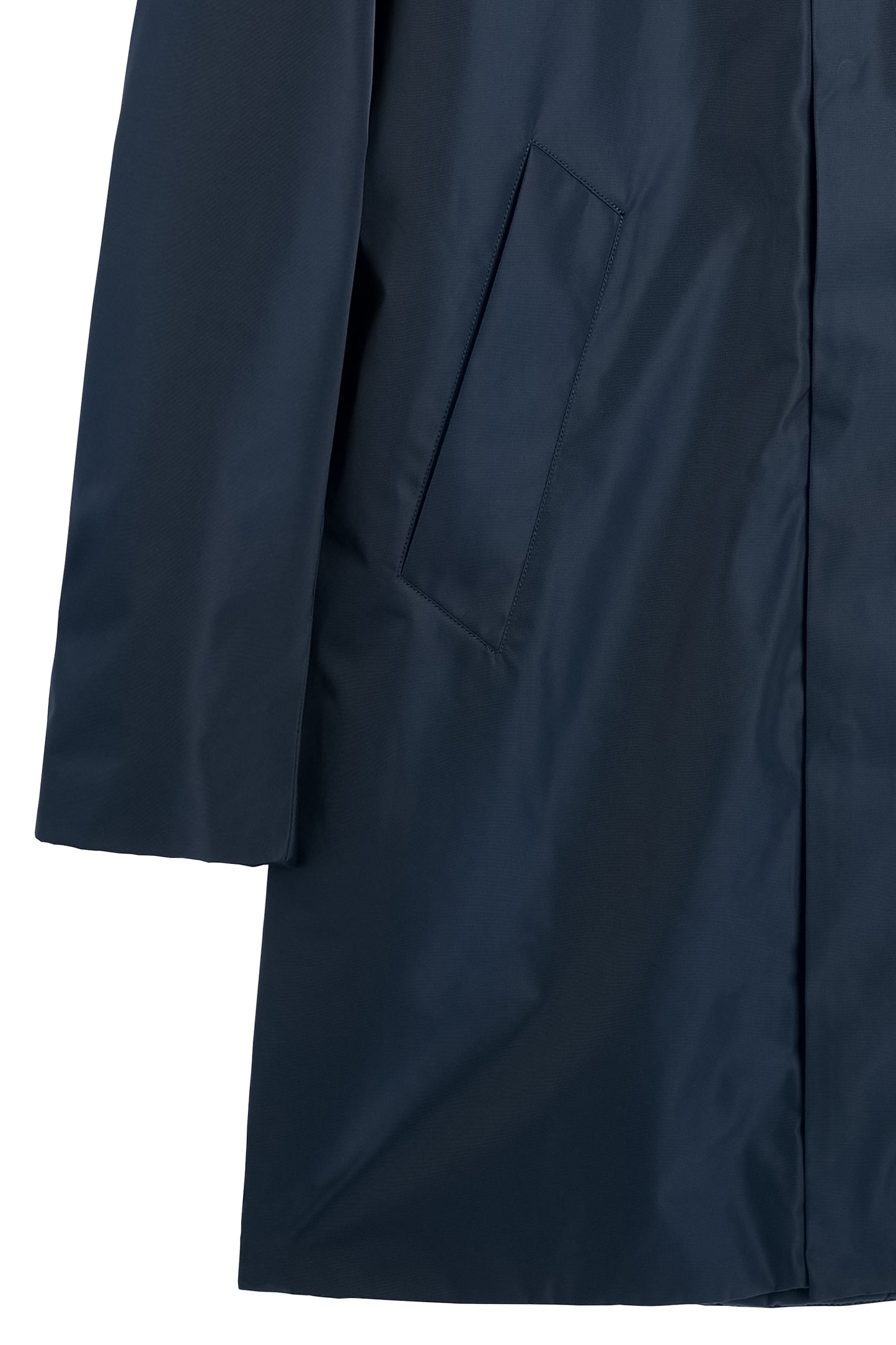 Harold Padded Jacket in JL Navy, close-up view showing the slanted side pocket and smooth fabric.
