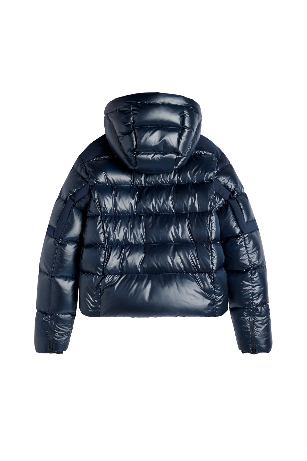 Rückansicht: Nerina Down Jacket in JL Navy mit Steppung, glänzendem Finish und Kapuze.