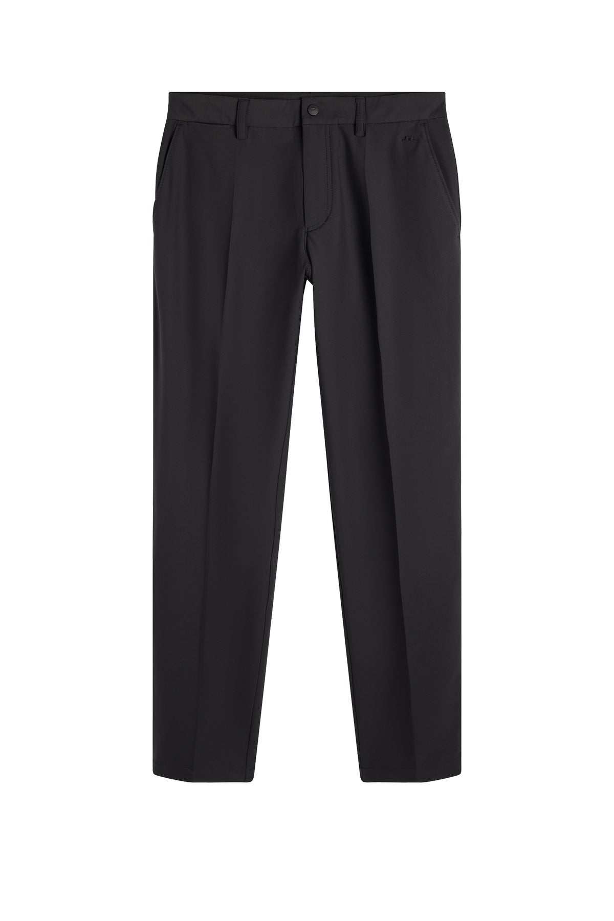 Vorderansicht: Schwarze Mitch Stripe Pant mit Gürtelschlaufen, Reißverschluss und dezentem Bridge-Logo.
