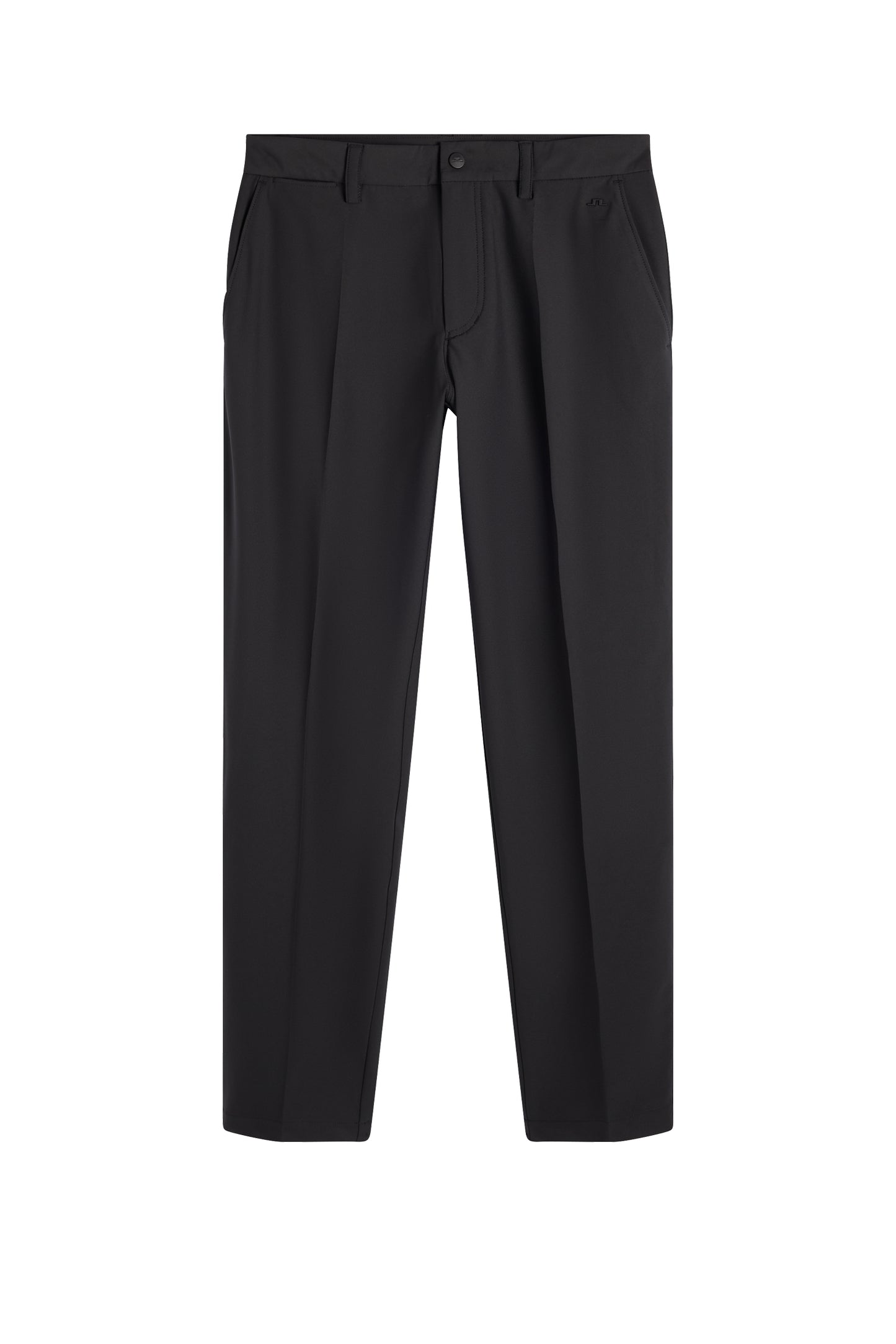 Vorderansicht: Schwarze Mitch Stripe Pant mit Gürtelschlaufen, Reißverschluss und dezentem Bridge-Logo.