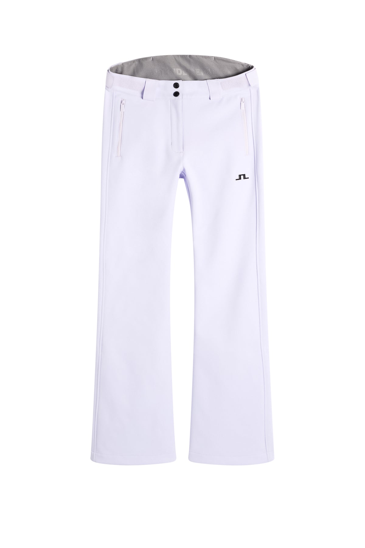 Set forfra: Stanford Softshell Ski Pant i Purple Heather med lynlåslommer og Bridge-logo på benet.