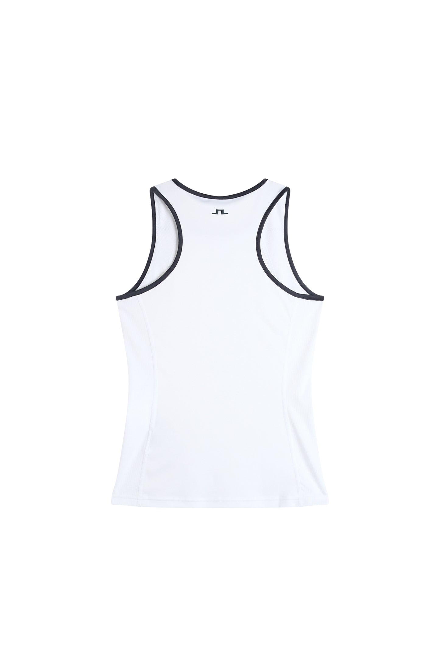Rückansicht: Weißes Danaya Top mit Racerback, kontrastierender Einfassung und Bridge-Logo im Nacken.