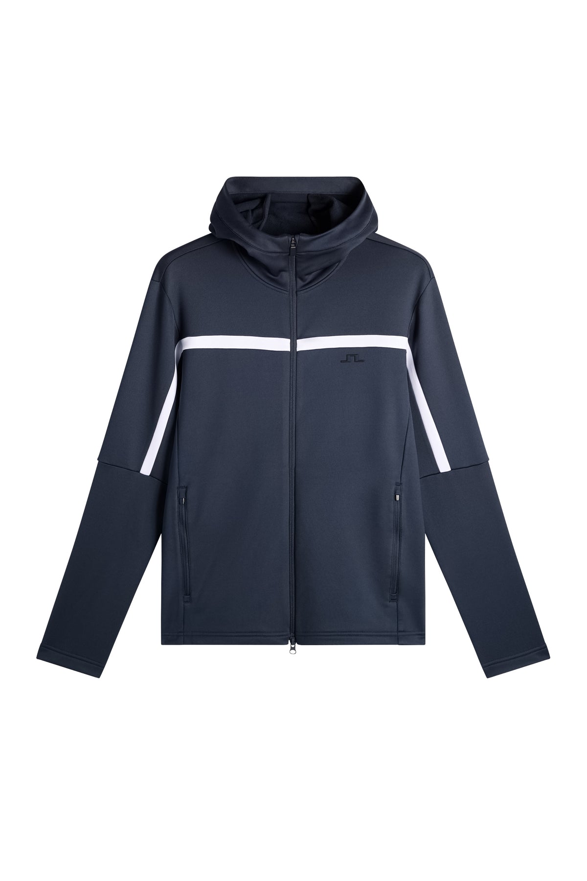 Sett forfra: Sharpe Full Zip Hood i JL Navy med hel glidelås, hette, hvit kontraststripe og Bridge-logo.
